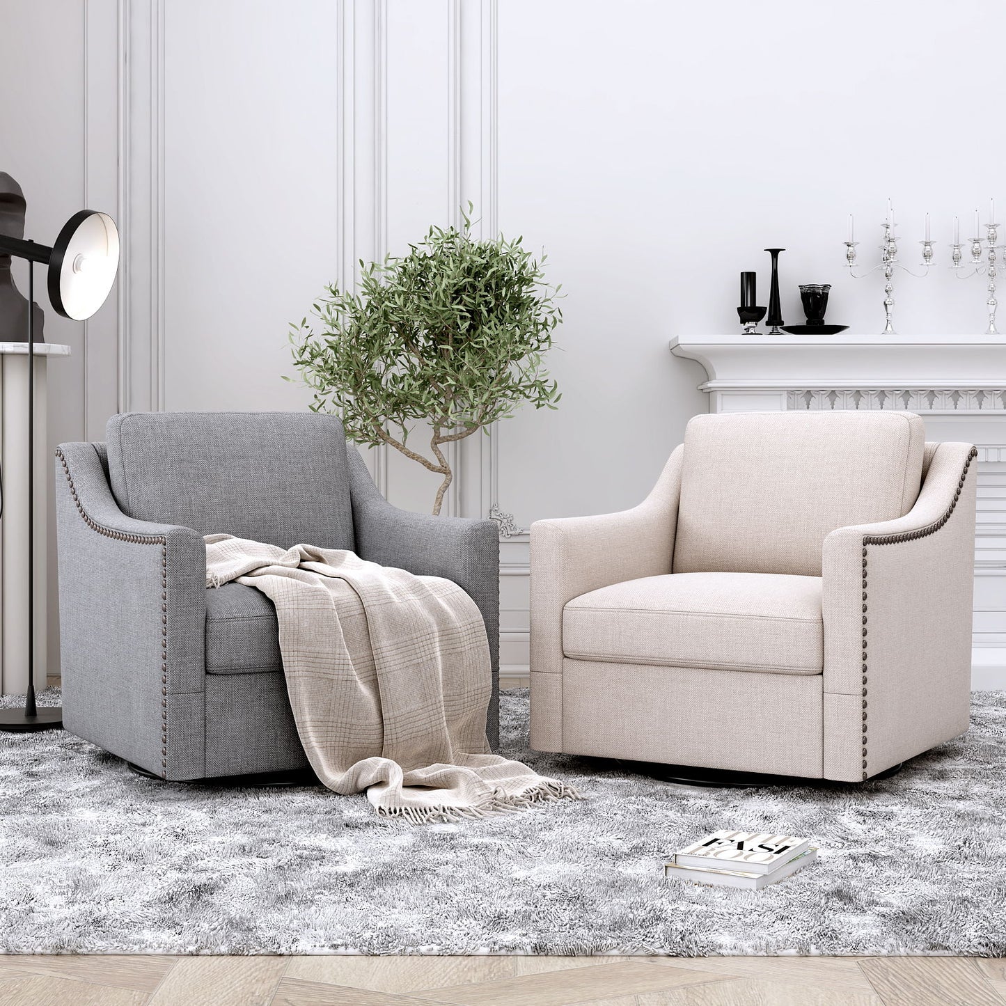 360 Degree Swivel Armchair Cotton Linen Skin - Friendly Fabric Ergonomic Design Brass Nail Decorative Armchair Living Room Chairs Bedroom Chairs Living Room Chairs Black Legs Suitable For Indoor Homes - Gray