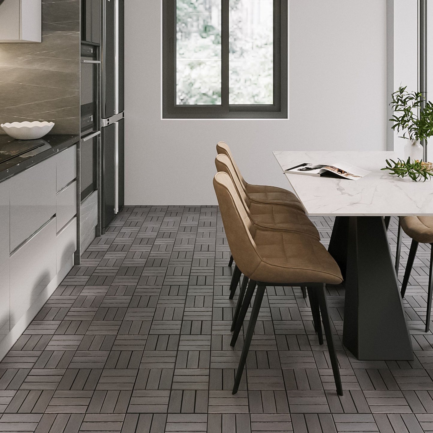 30 Piece Interlocking Deck Tiles Checker Pattern, Square Acacia Hardwood Outdoor Flooring For Patio, Bancony, Pool Side - Light Gray