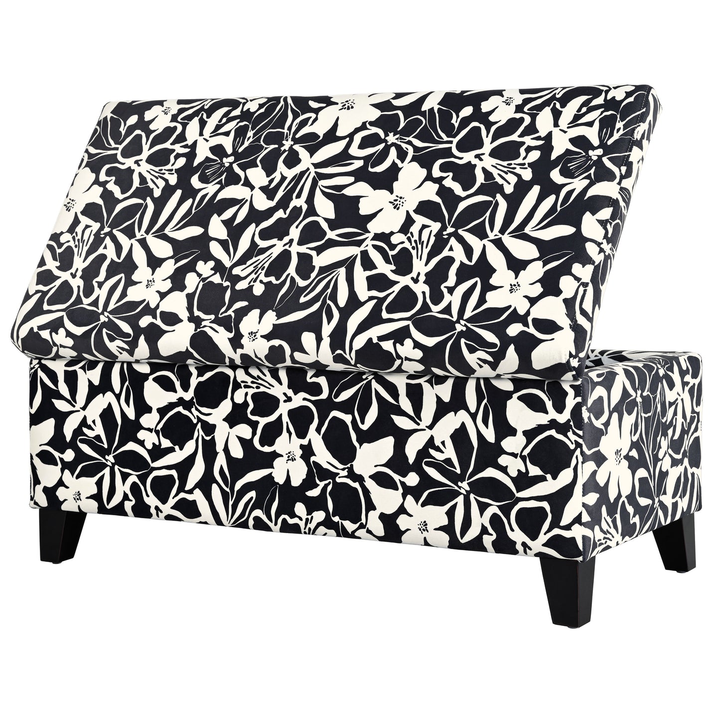 Luxury Storage Ottoman With Floral Patterned Fabric, Soft Close Hinges, Multi Functional Footrest & Seat - Black Floral / White