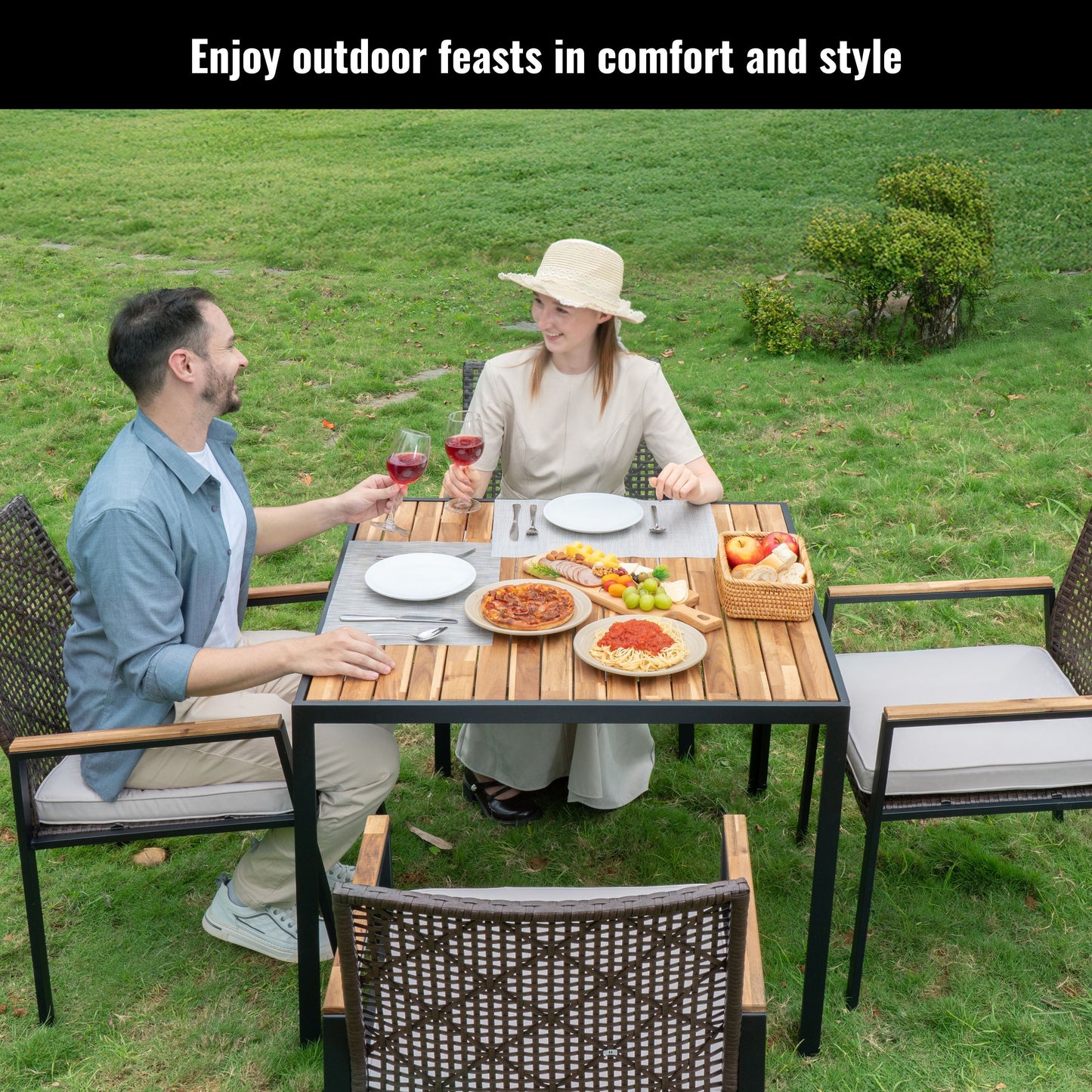 All Weather 5 Piece Patio Dining Table Set, Acacia Wood Table Top With Umbrella Hole, Rattan Outdoor - Coffee Brown