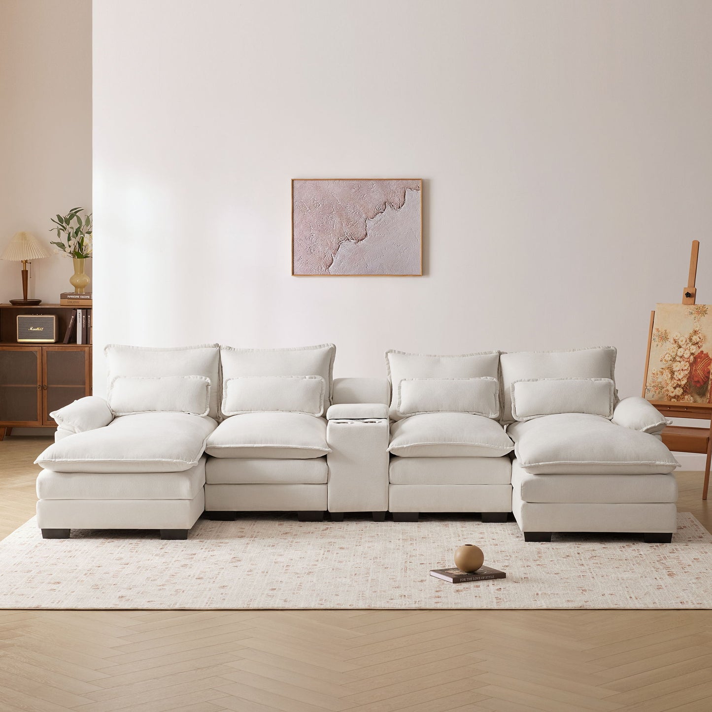 Modern U Shaped Sofa With Console, Cupholders And USB Ports, 6 Seat Upholstered Symmetrical Indoor Furniture, Sleeper Couch Set With Chaise - White