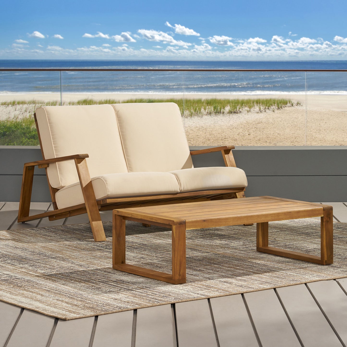 Paloma - Loveseat And Coffee Table Set With Adirondack Design Acacia Wood And Waterproof Fabric - Teak / Beige