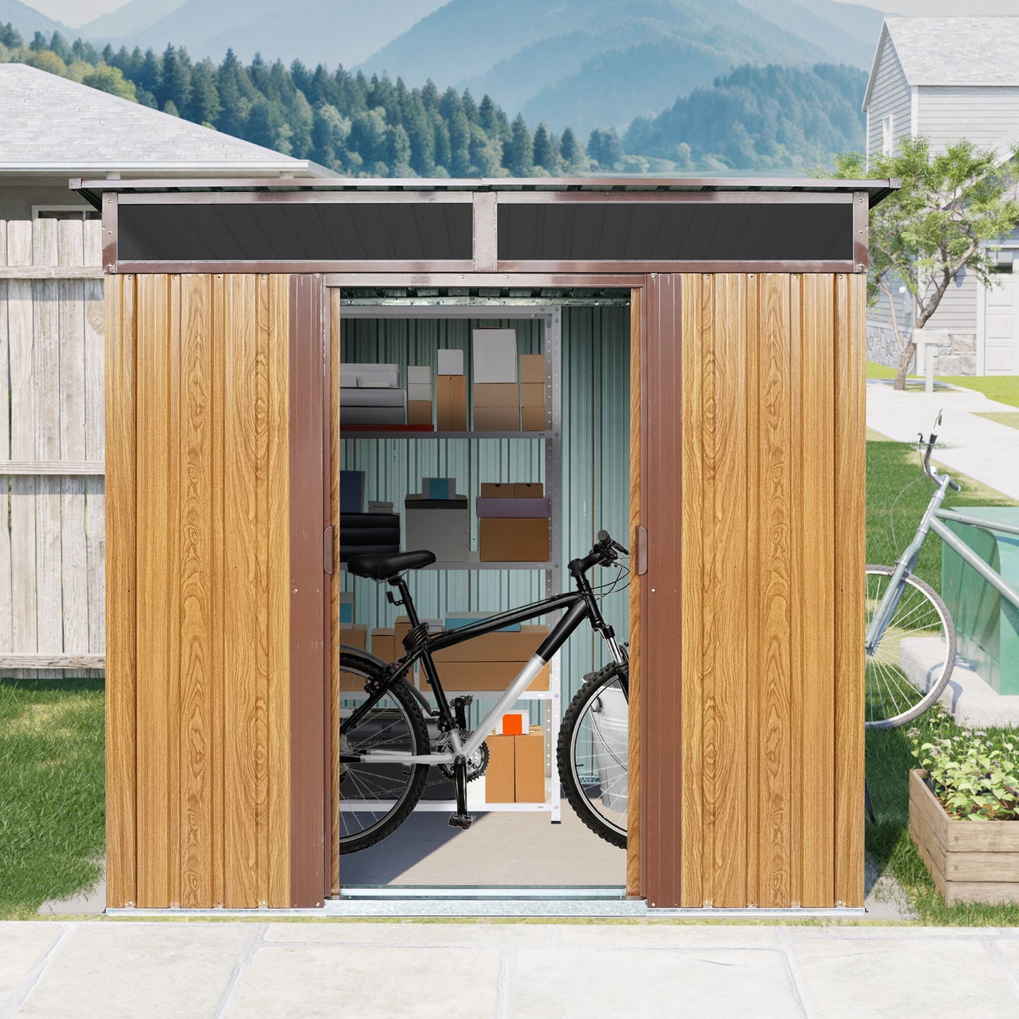 6Ft X 5Ft Outdoor Metal Storage With Transparent Plate And Foundation For Backyard Garden Patio - Coffee