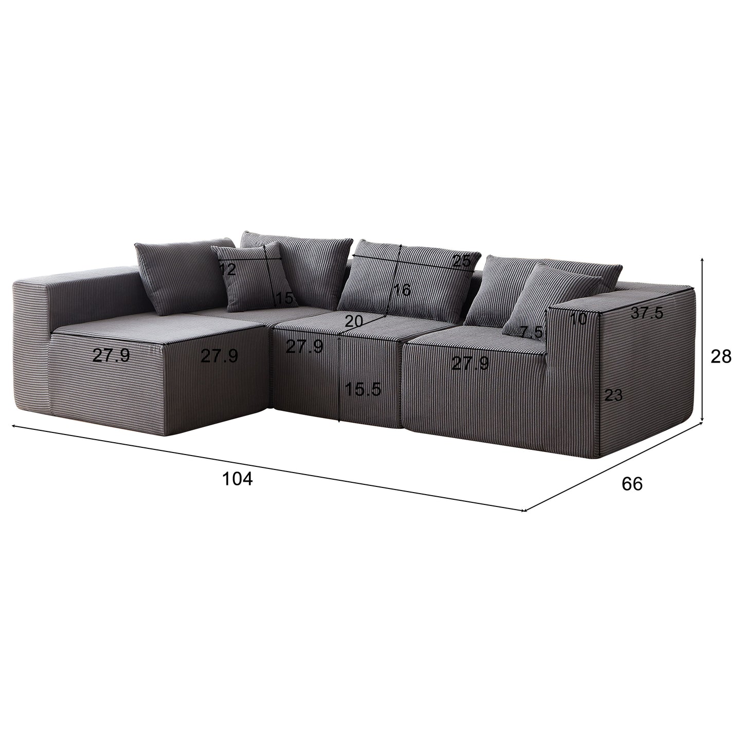 Corduroy Modular L Shaped Sectional Sofa, Luxury Floor Couch Set, 4 Piece Free Combination - Gray