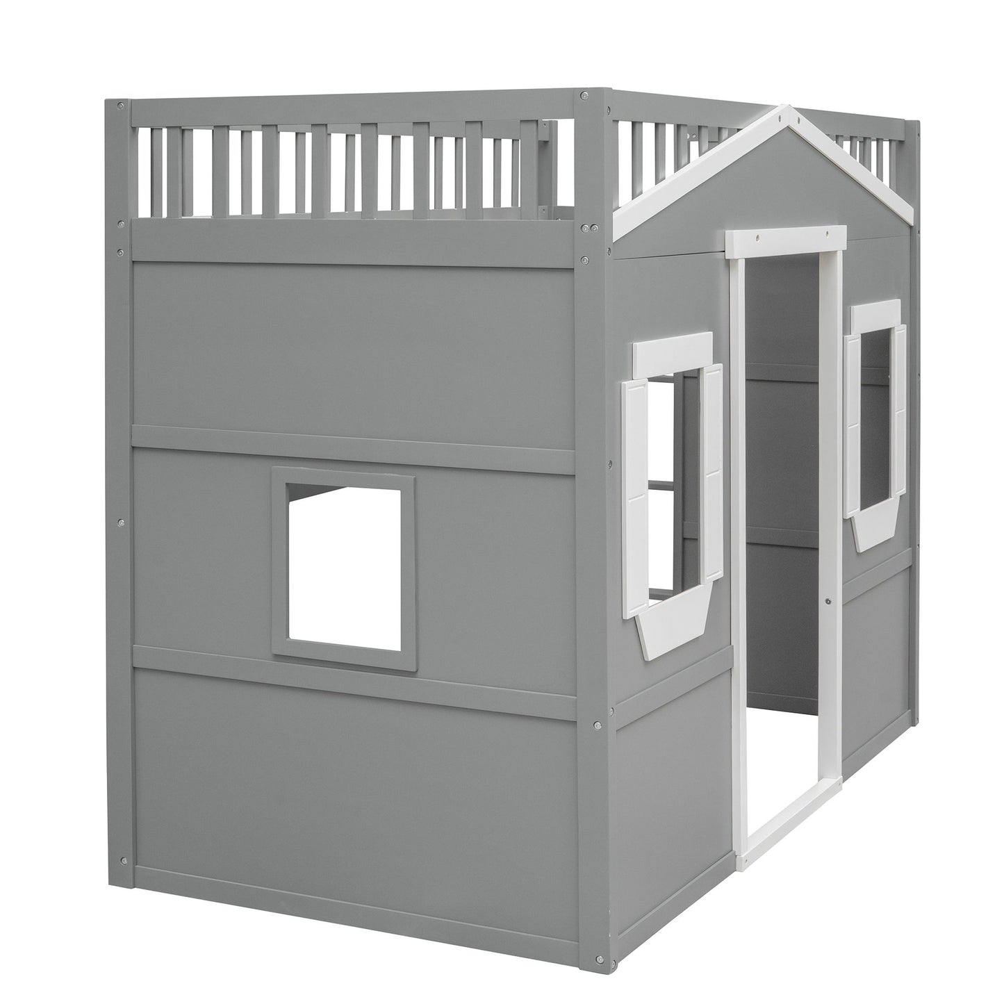 Twin Size House Loft Bed With Ladder - Gray / White