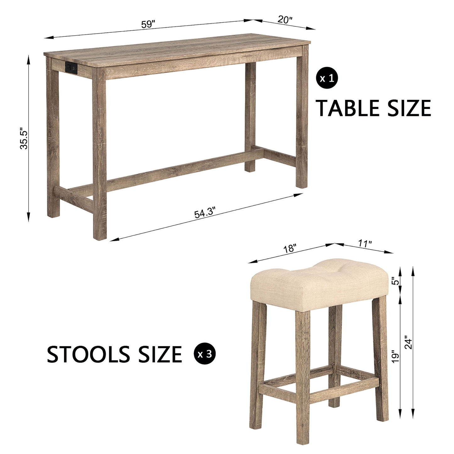 4 Piece Bar Table Set With Power Outlet, Dining Bar Table And Chairs Set, Bar Table Set With 3 Padded Stools For Living Room, Dining Room - Brown