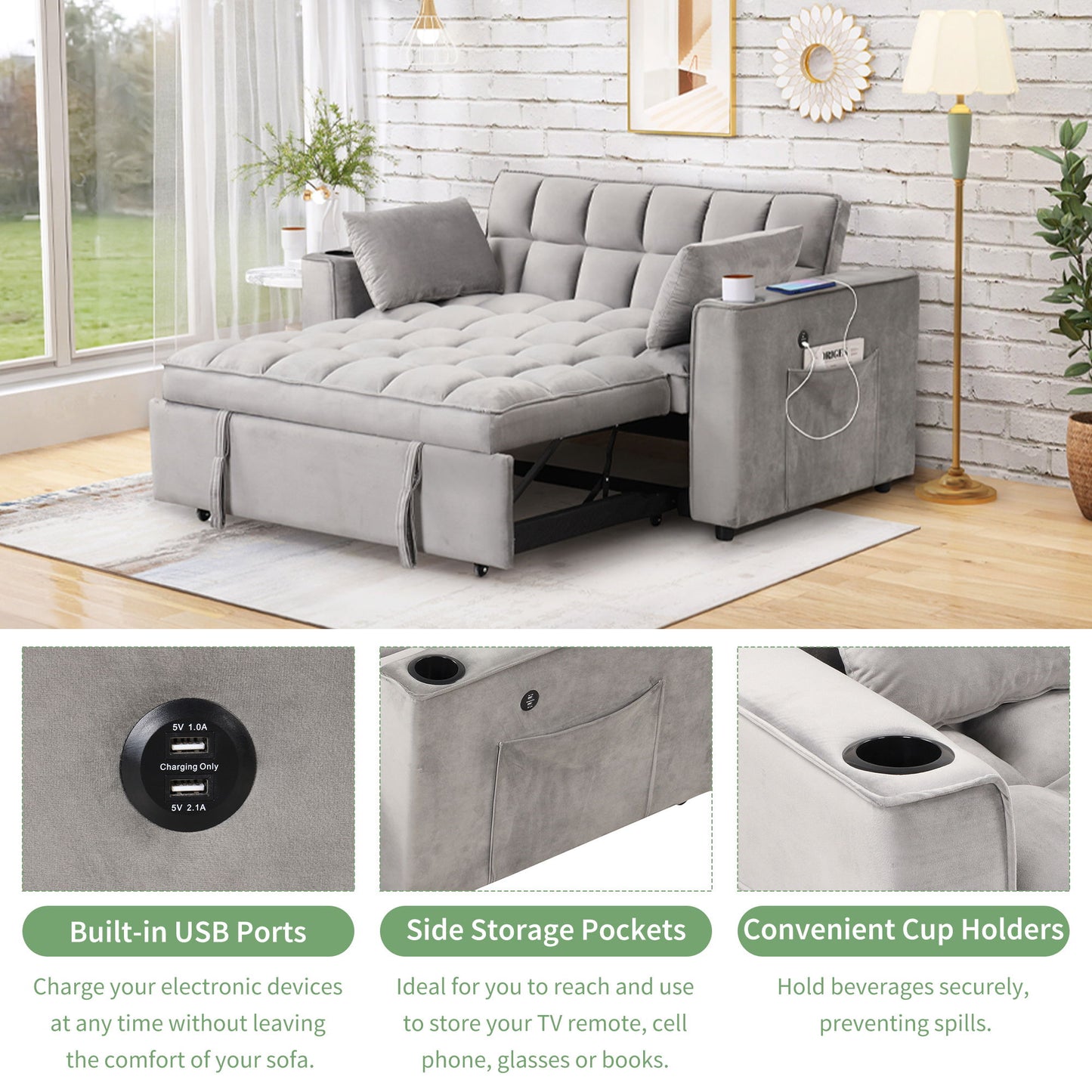 Multi Functional Sofa Bed With Cup Holder And USB Port For Living Room Or Apartments - Gray