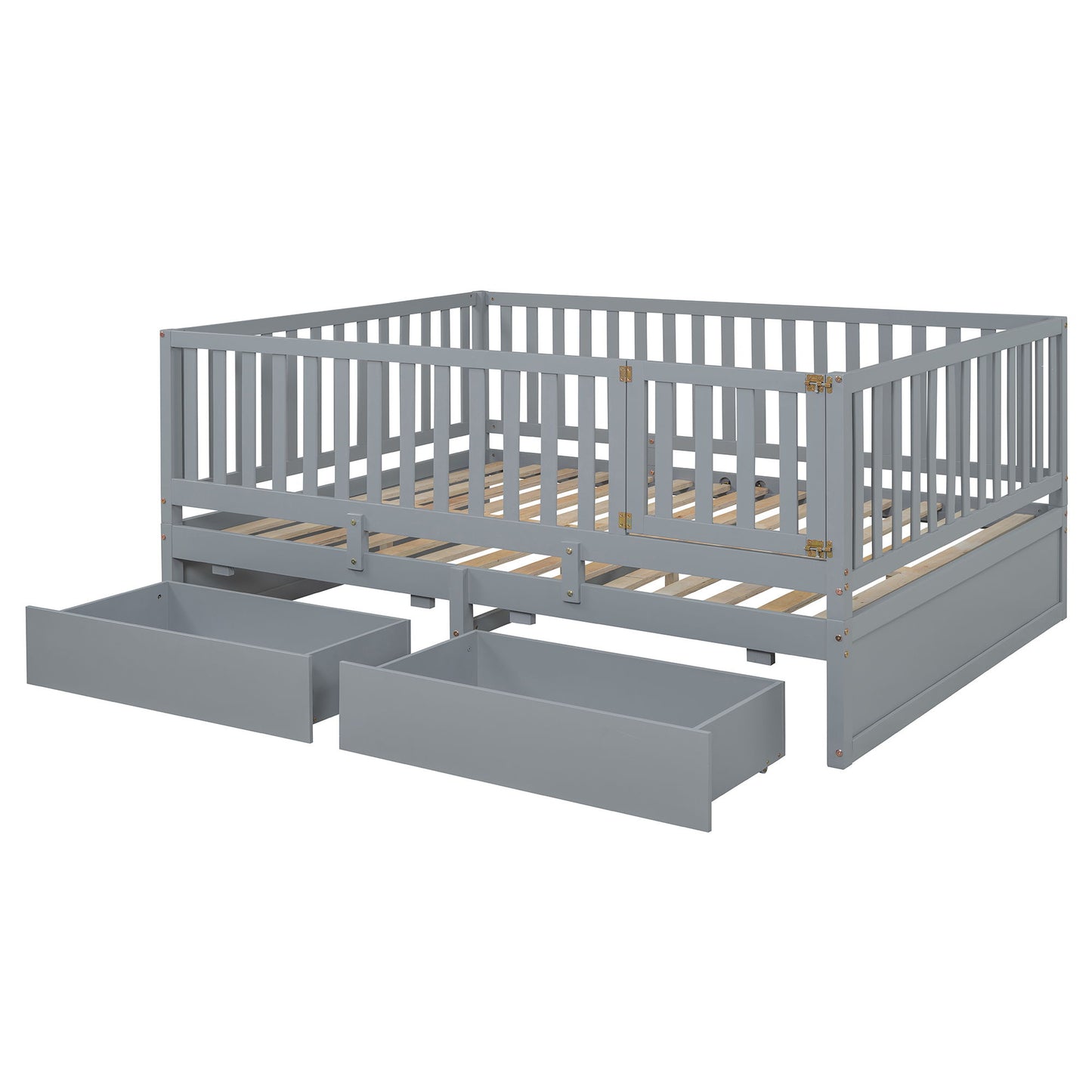 Full Size Daybed With Fence Guardrails And 2 Drawers - Gray