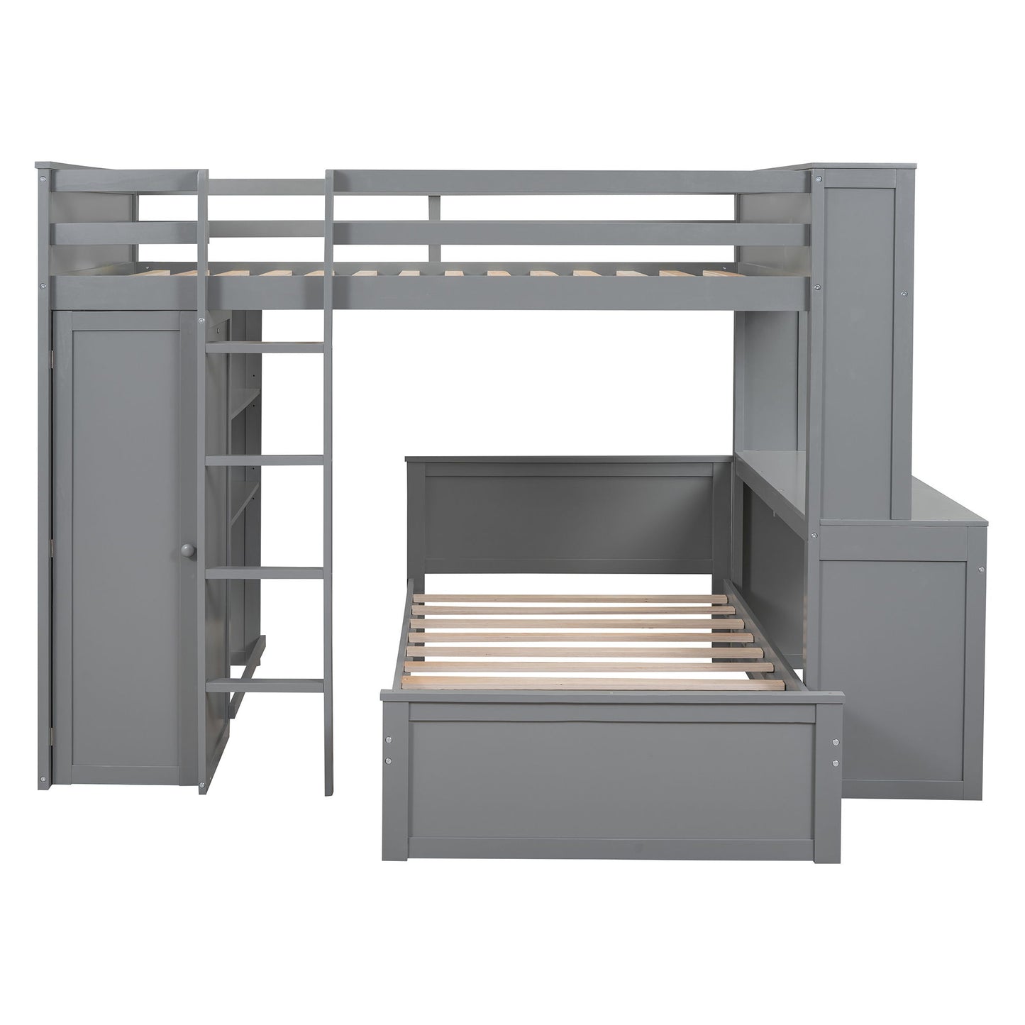 Full Size Loft Bed With A Twin Size Standalone Bed, Shelves, Desk, And Wardrobe - Gray