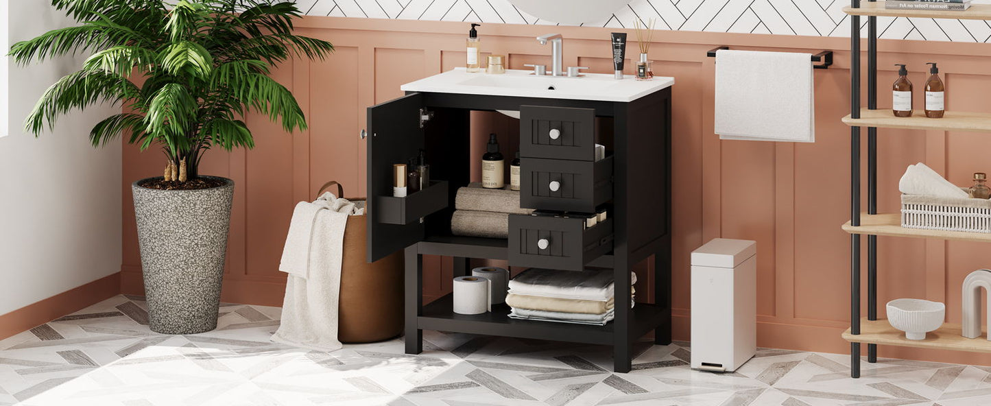 Transitional Style Bathroom Vanity Cabinet Combo With Ceramic Sink, Soft Close Door - Black