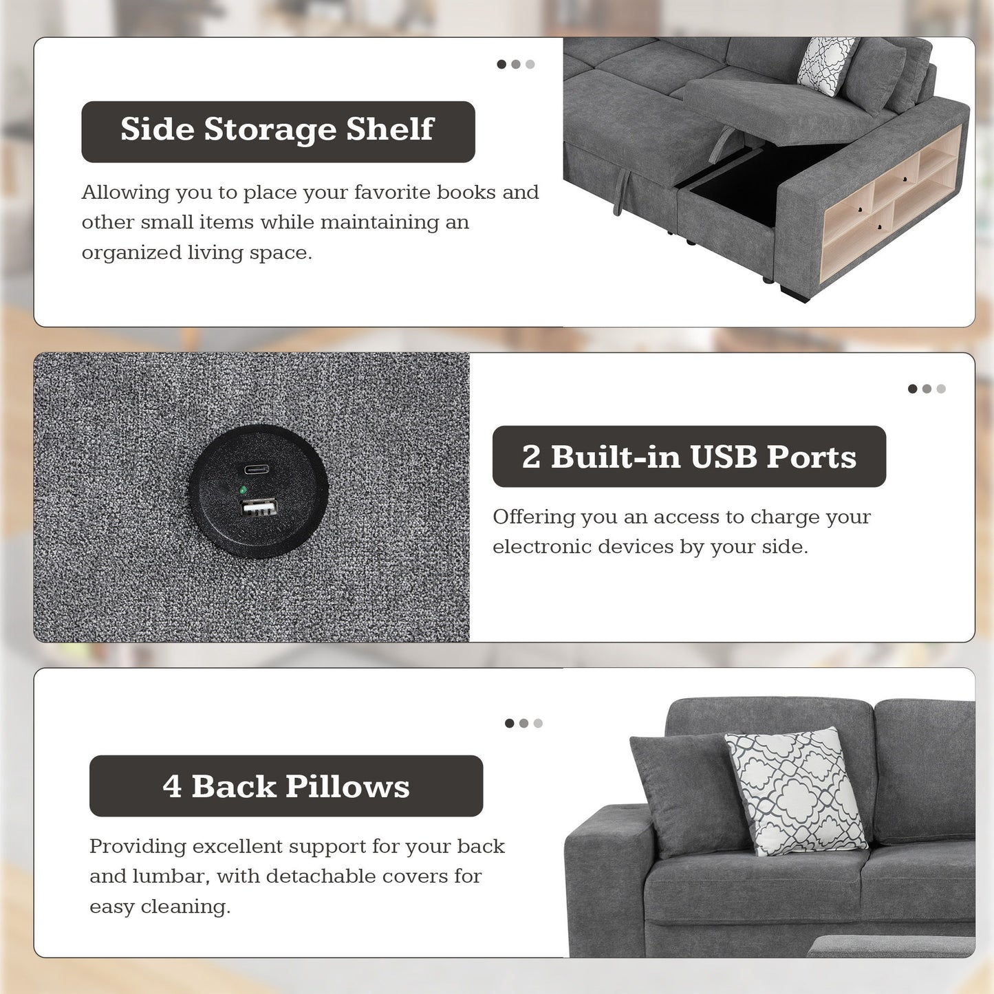 U-Shaped Sectional Sofa Pull-Out Sofa Bed With Two USB Ports, A Storage Chaise Lounge And Four Back Pillows For Living Room - Gray
