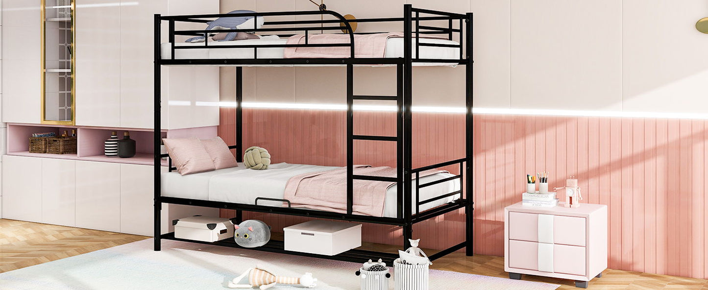 Twin Over Twin Bunk Bed With Shelf And Guardrails - Black