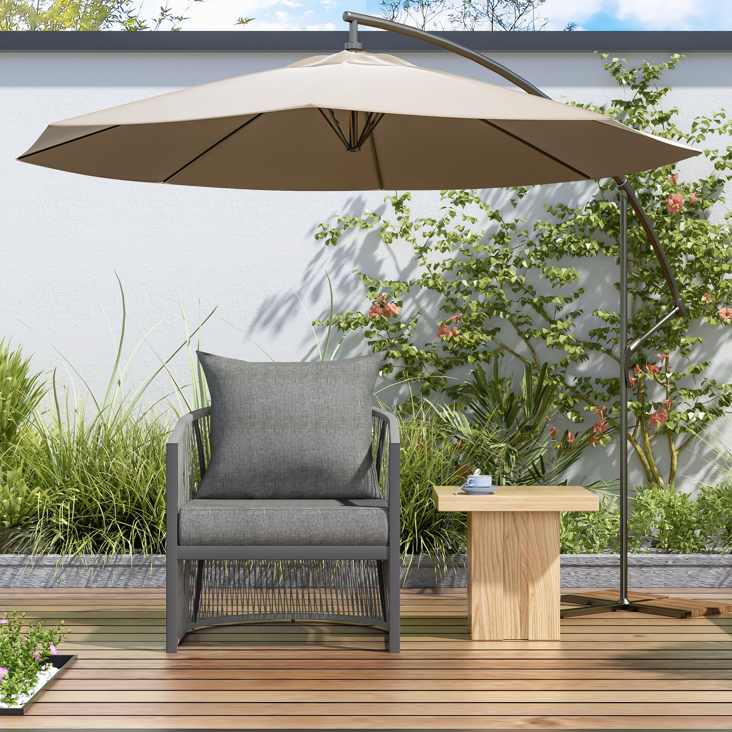 Modern Curved Aluminum Lounge Chair With Stylish Rope - Weave Design And Cushioned Comfort For Outdoor Living - Gray