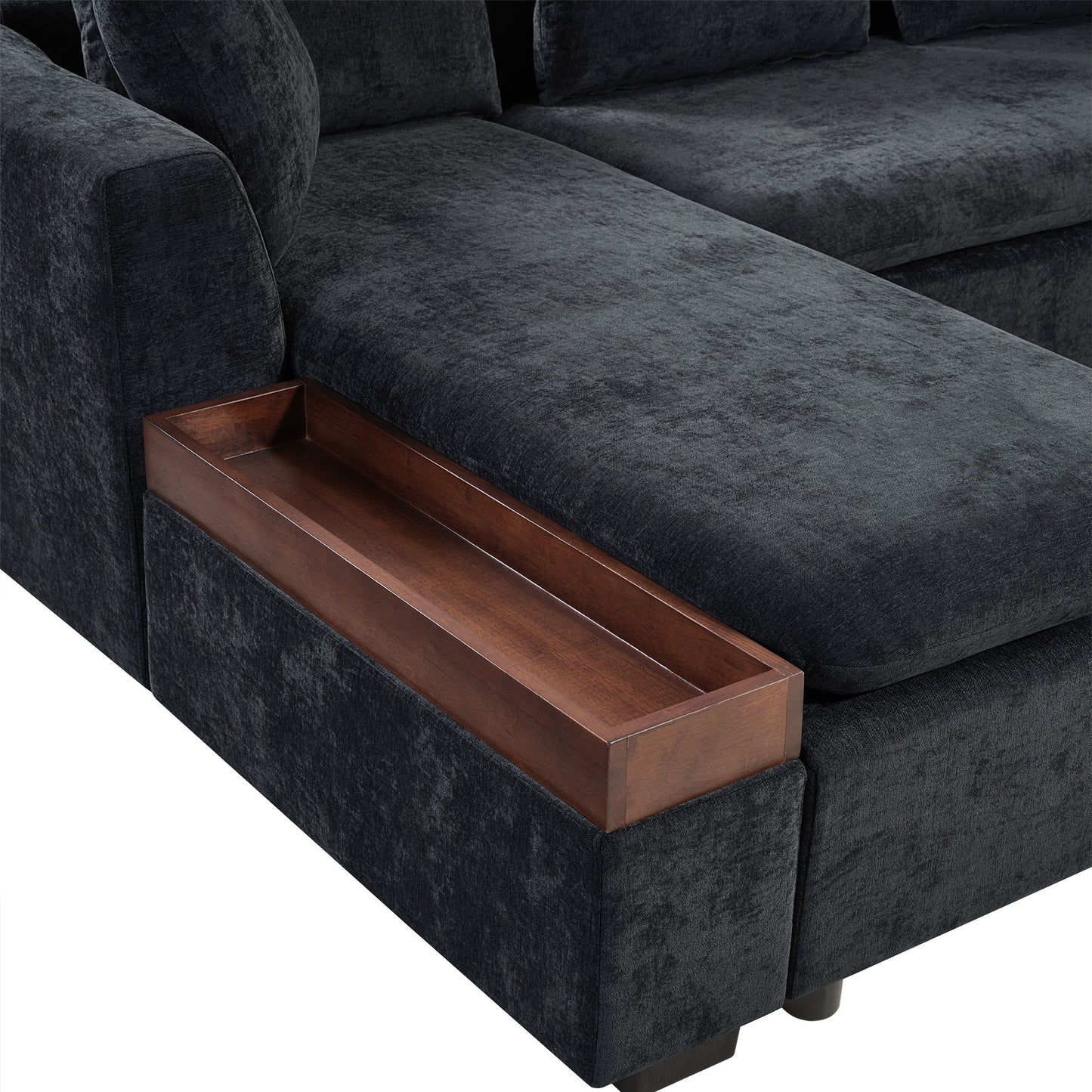 Modern L Shaped Sectional Sofa With Chenille Upholstery And Wooden Storage - Black