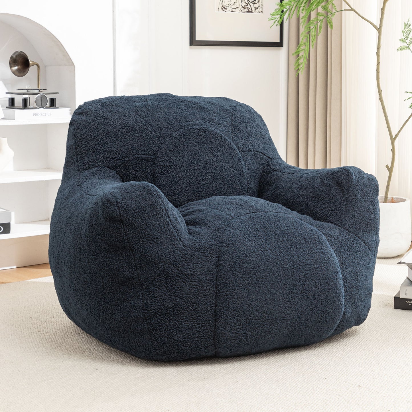 Comfy Bean Bag Chair With Filler, Tufted Memory Foam Sofa, Teddy Fabric, Fluffy And Cozy Seating For Dorm, Apartment, Or Living Room - Dark Blue