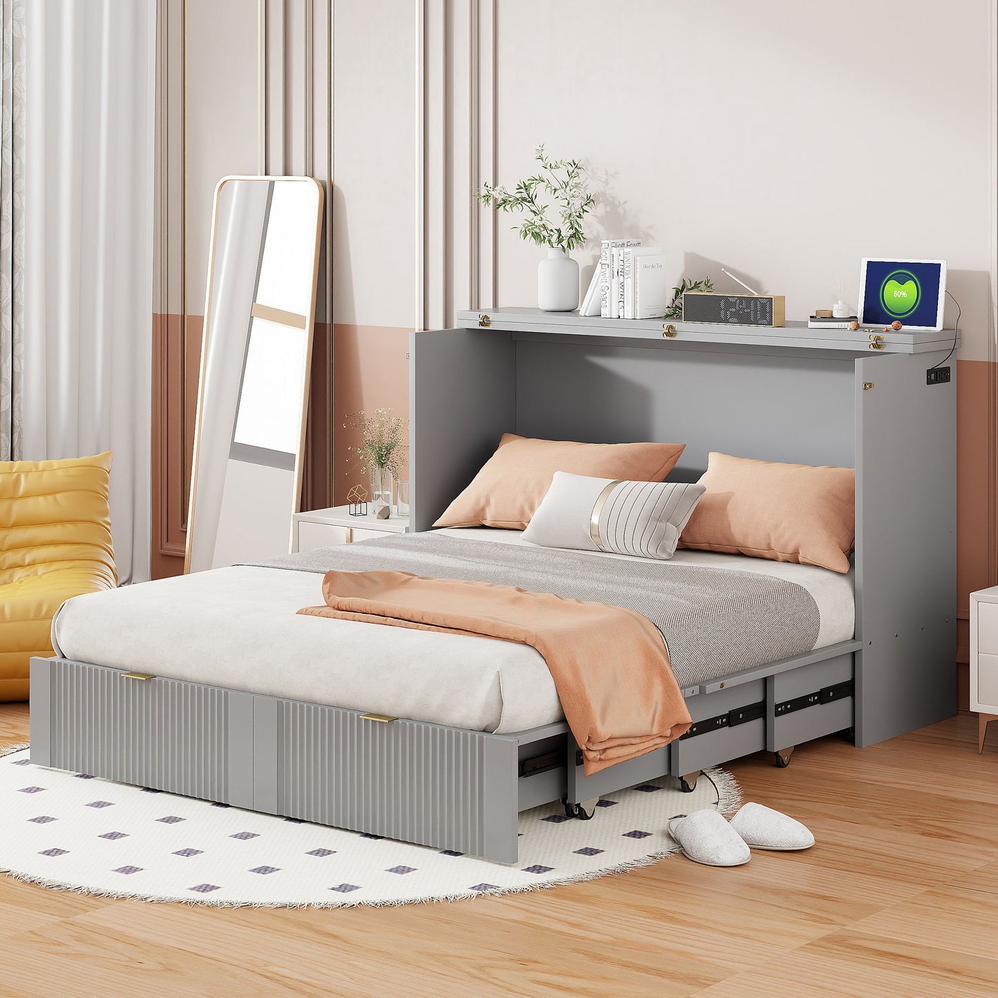 Full Size Murphy Bed With Drawer And A Set Of Sockets & USB Ports, Pulley Structure Design - Gray