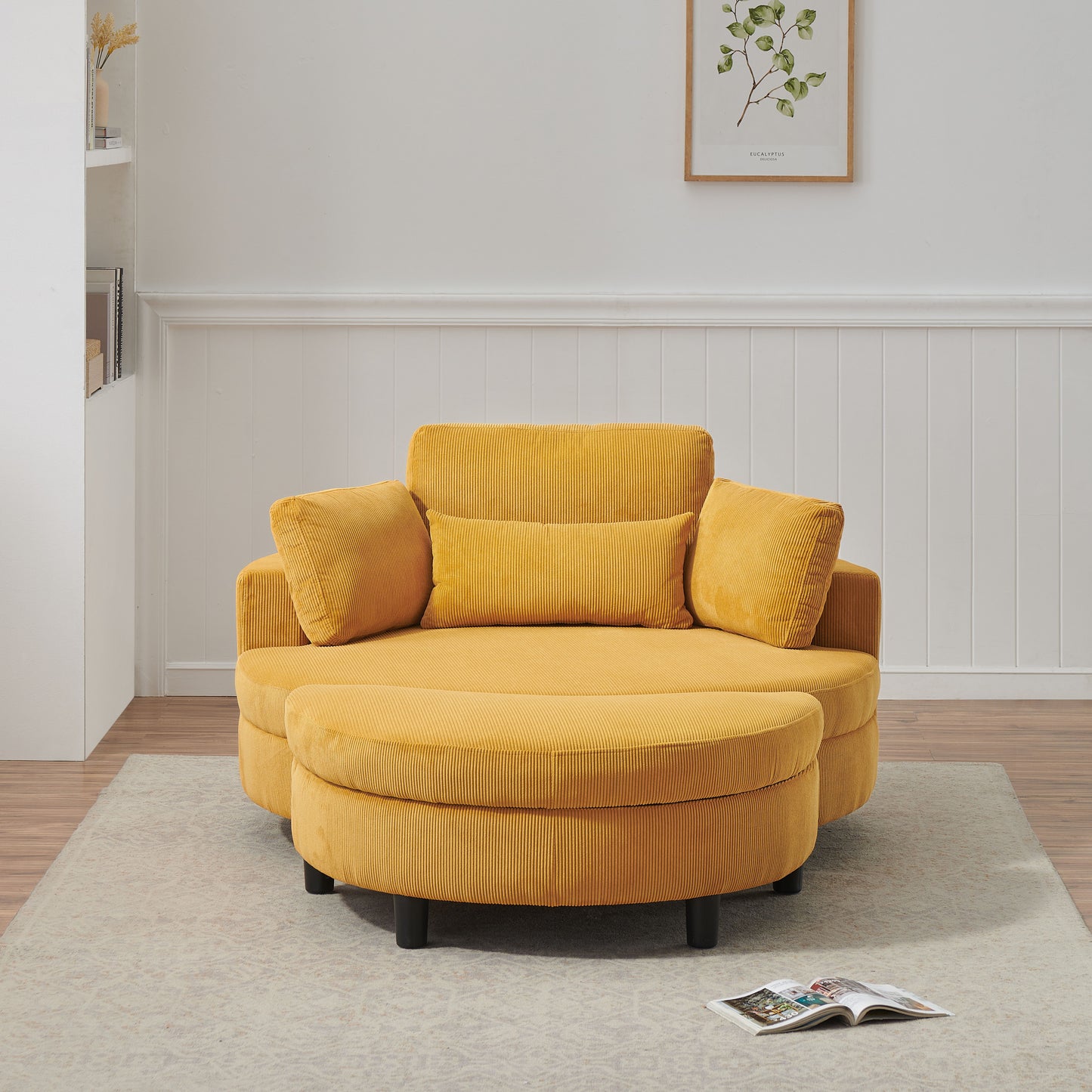 Corduroy Sofa With Two Throw Pillows And A Waist Pillow With An Extra Tray For Comfortable Seating Suitable For Small Apartment Bedroom Space - Yellow