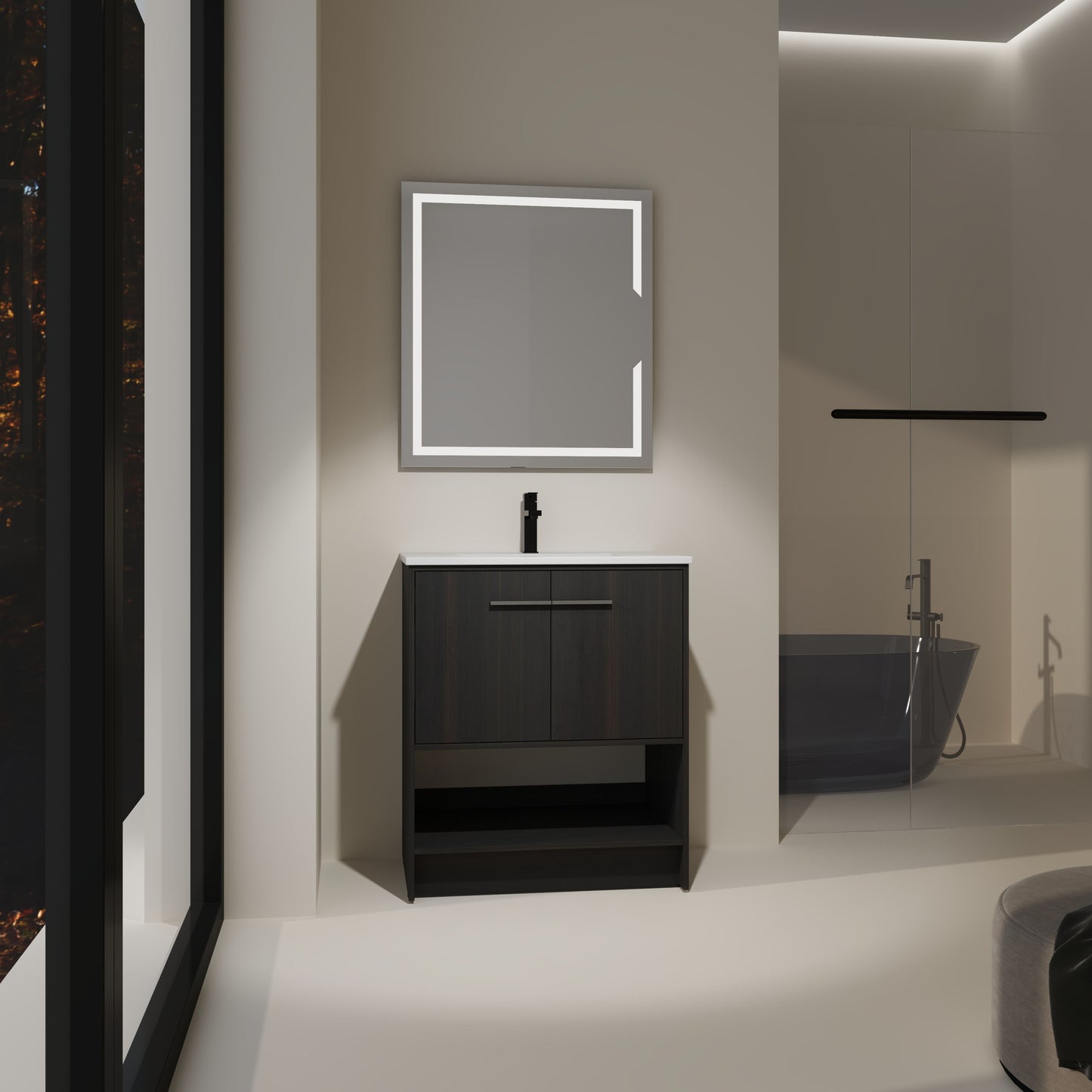 Modern Freestanding 30" Bathroom Vanity With Ceramic Sink, Soft Closing Doors Cabinet - Dark Oak