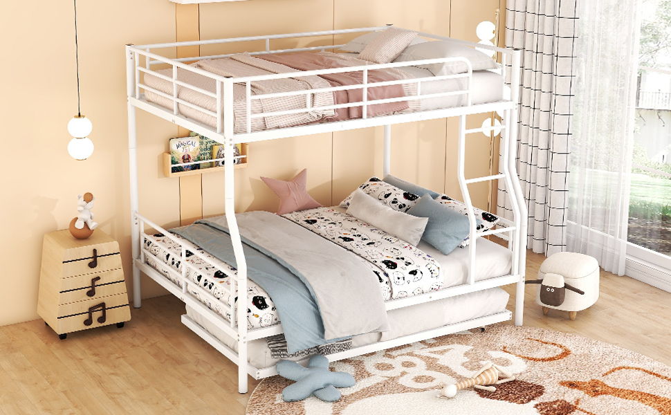 Full Long Over Queen Metal Bunk Bed With Trundle - White