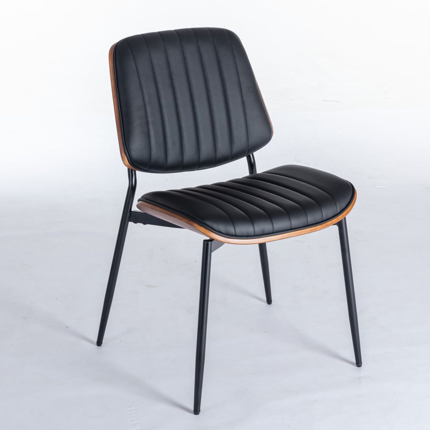Dining Chairs Mid-Century Modern Retro Faux Leather Chair With Walnut Bentwood Back Upholstered Seat Metal Legs Adjustable Foot For Kitchen Dining Room Chairs (Set of 2) - Black
