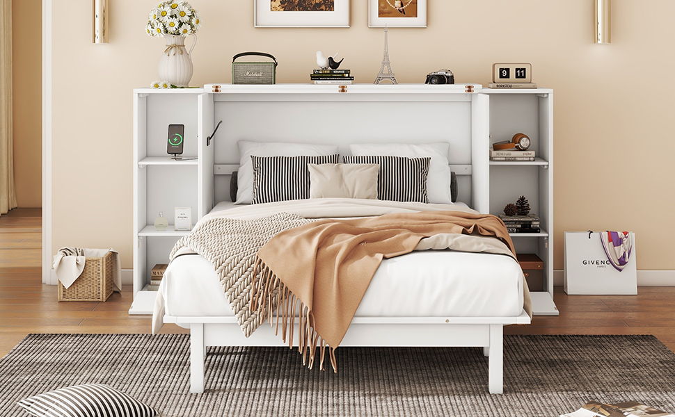 Full Size Murphy Bed With Shelves, Drawers And USB Ports - White