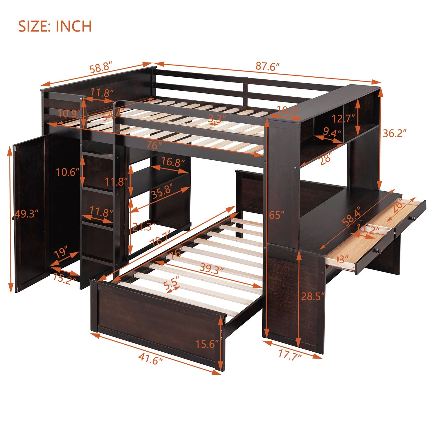Full Size Loft Bed With A Twin Size Standalone Bed, Shelves, Desk, And Wardrobe - Espresso