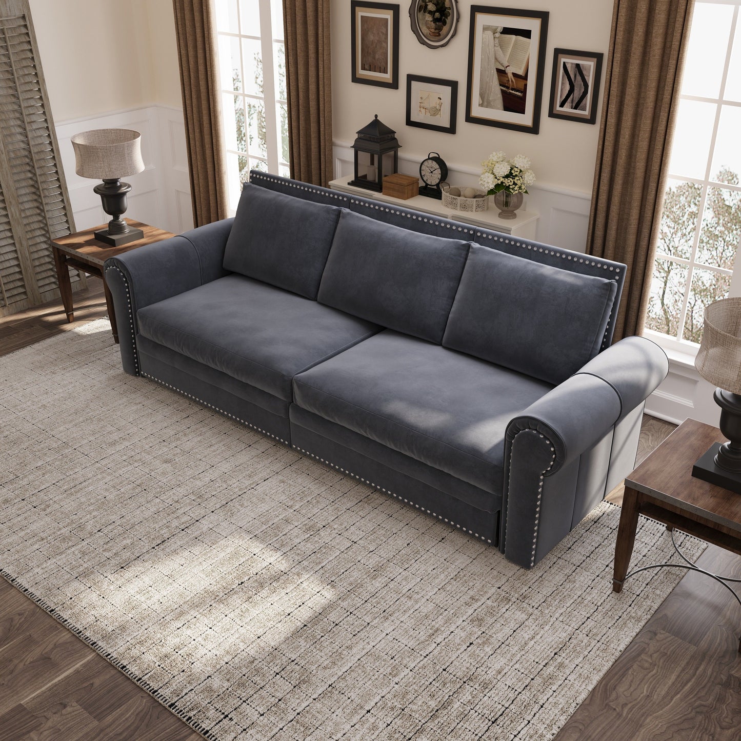 King Pull Out Sofa Bed, Chesterfield Sofa, 3 In 1 Velvet Convertible Sleeper Sofa With Nailhead Trim & Rolled Arm Multifunctional Sofa Bed For Living Room - Gray