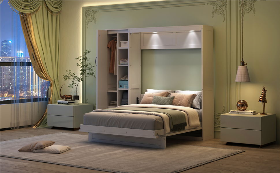 Full Size Murphy Wall Bed With Shelves, Wardrobe And LED Lights - White