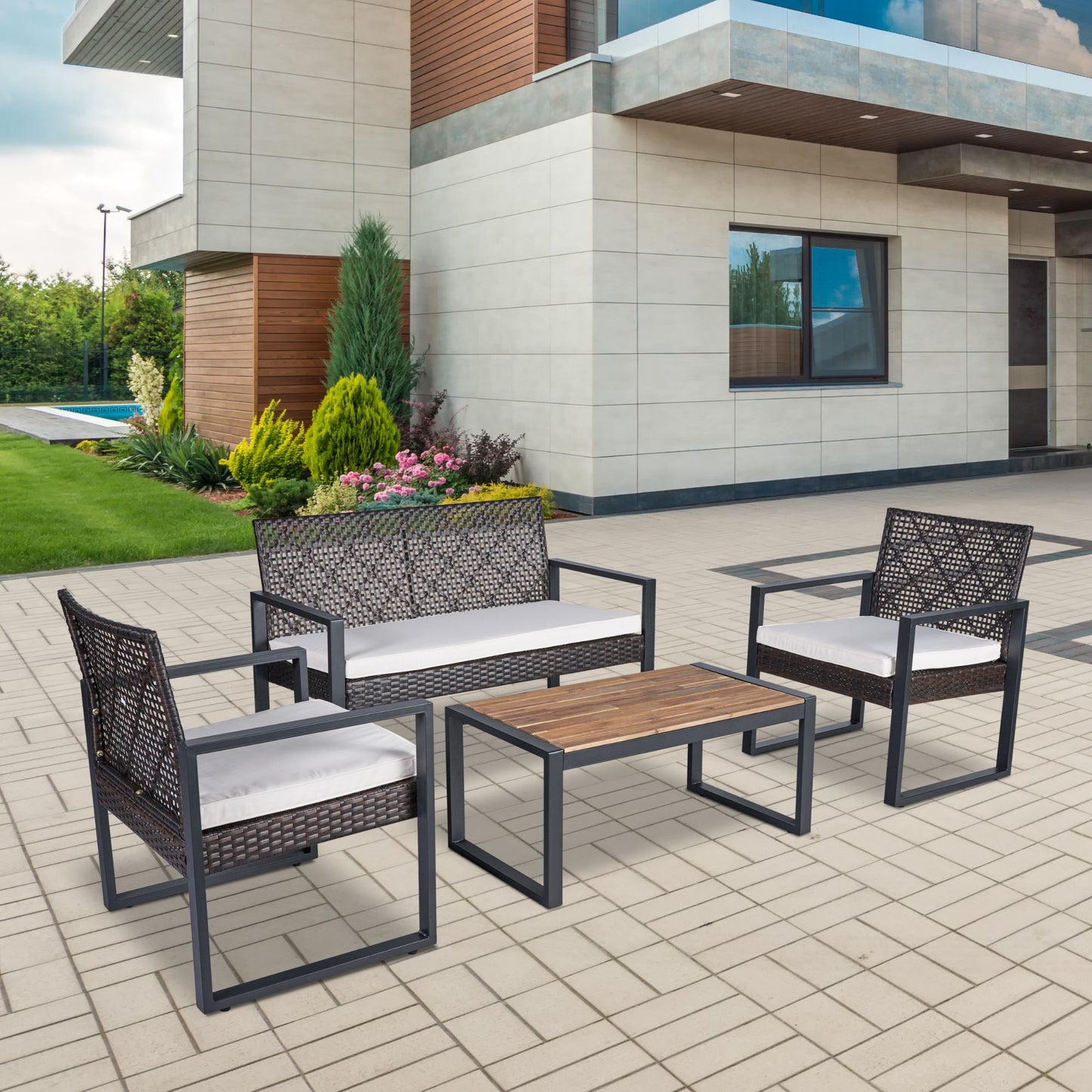 Modern 4 Piece Patio Furniture Set With Acacia Wood Table Top And Beige Cushions - Brown