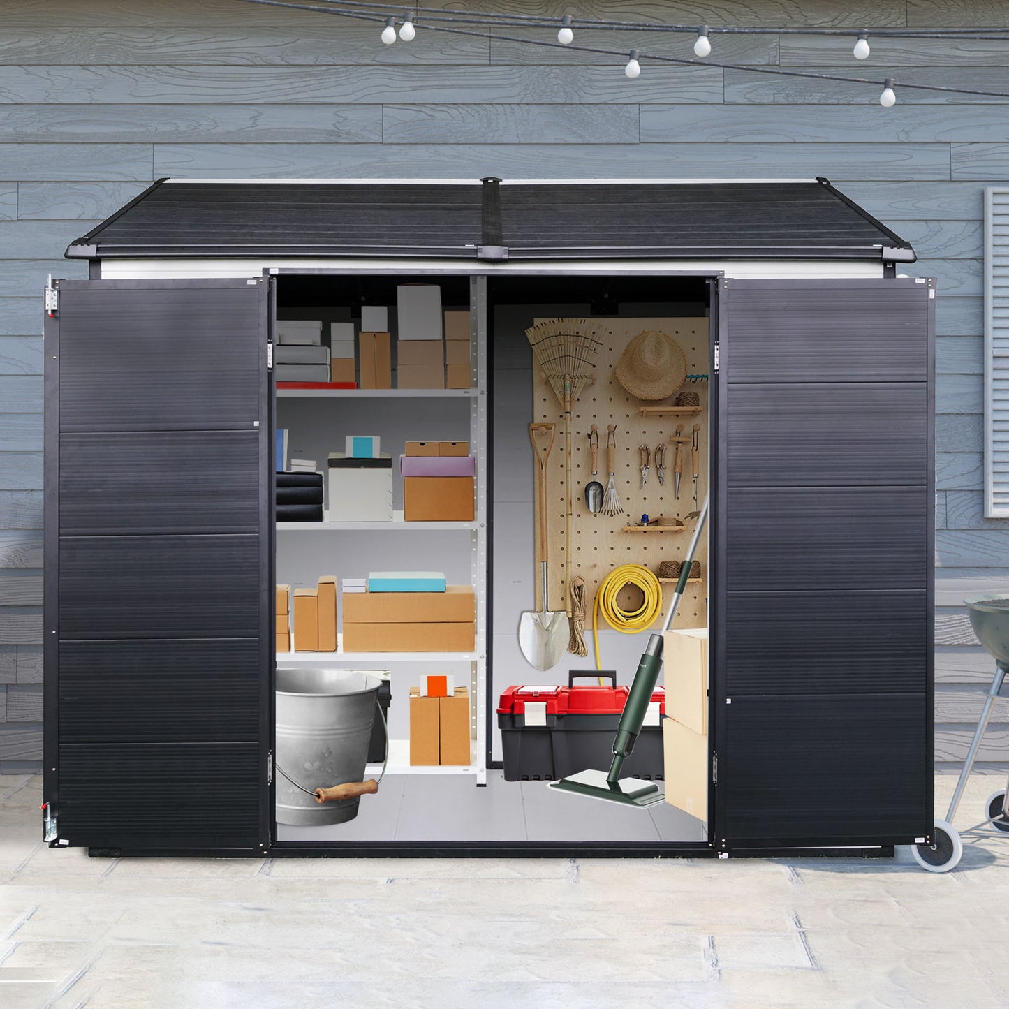 8 X 6 Ft Resin Outdoor Storage Shed Waterproof Shed With Floor & Two Windows & Lockable Door, Tool Shed For Garden, Patio, Backyard - Gray / White