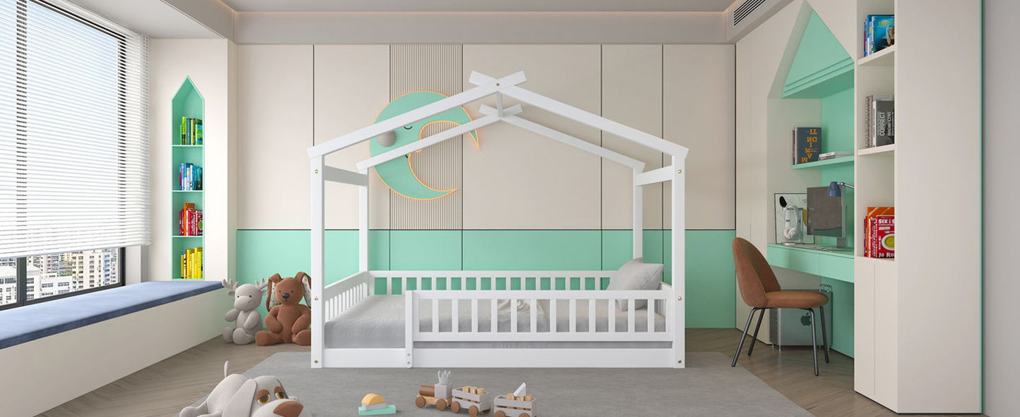 Full Size Bed House Bed Frame & Fence - White