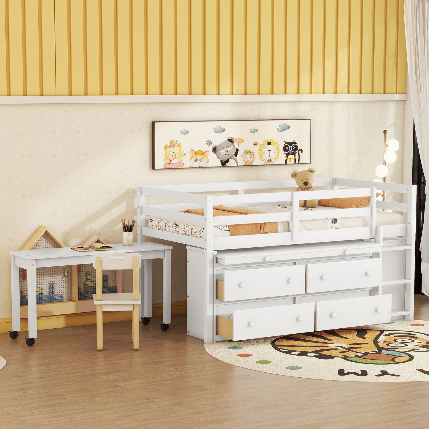 Twin Size Loft Bed With Retractable Writing Desk And 4 Drawers, With Lateral Portable Desk And Shelves - White