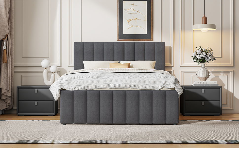 Full Size Upholstered Platform Bed With Twin Size Trundle And 3 Drawers - Gray