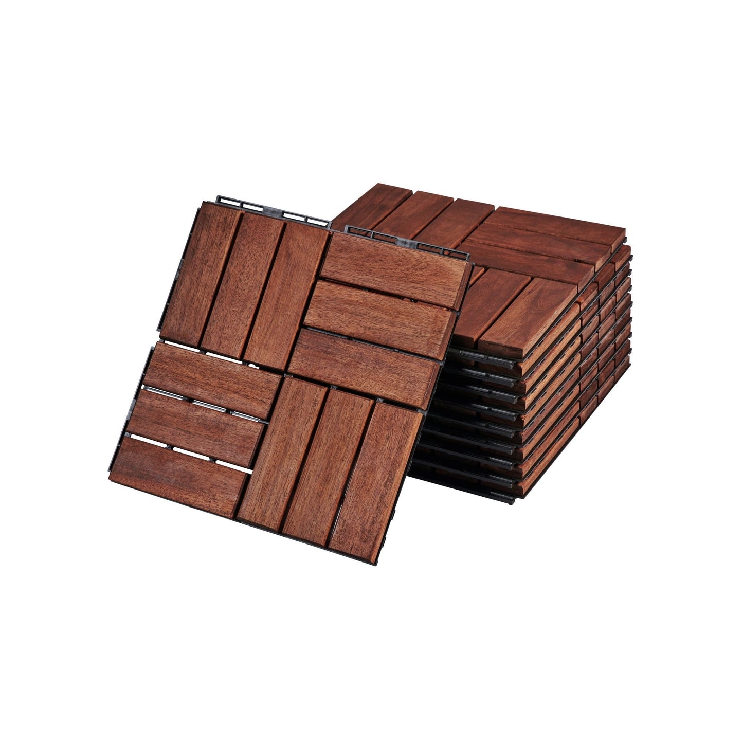 Acacia Wood Interlocking Deck Tiles Checker Pattern, 10 Piece Square Acacia Hardwood Outdoor Flooring For Patio, Bancony, Pool Side - Brown