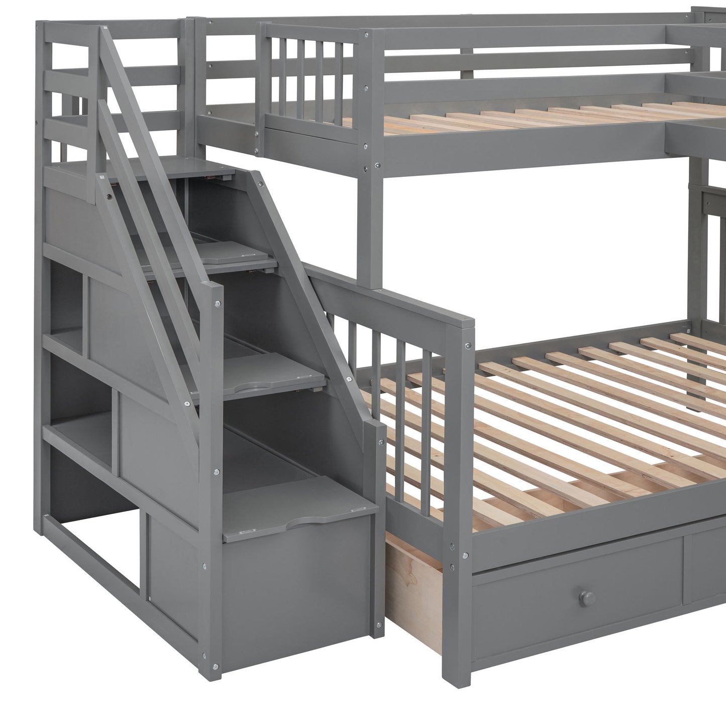 Twin Twin Over Full L Shaped Bunk Bed With 3 Drawers, Portable Desk And Wardrobe - Gray