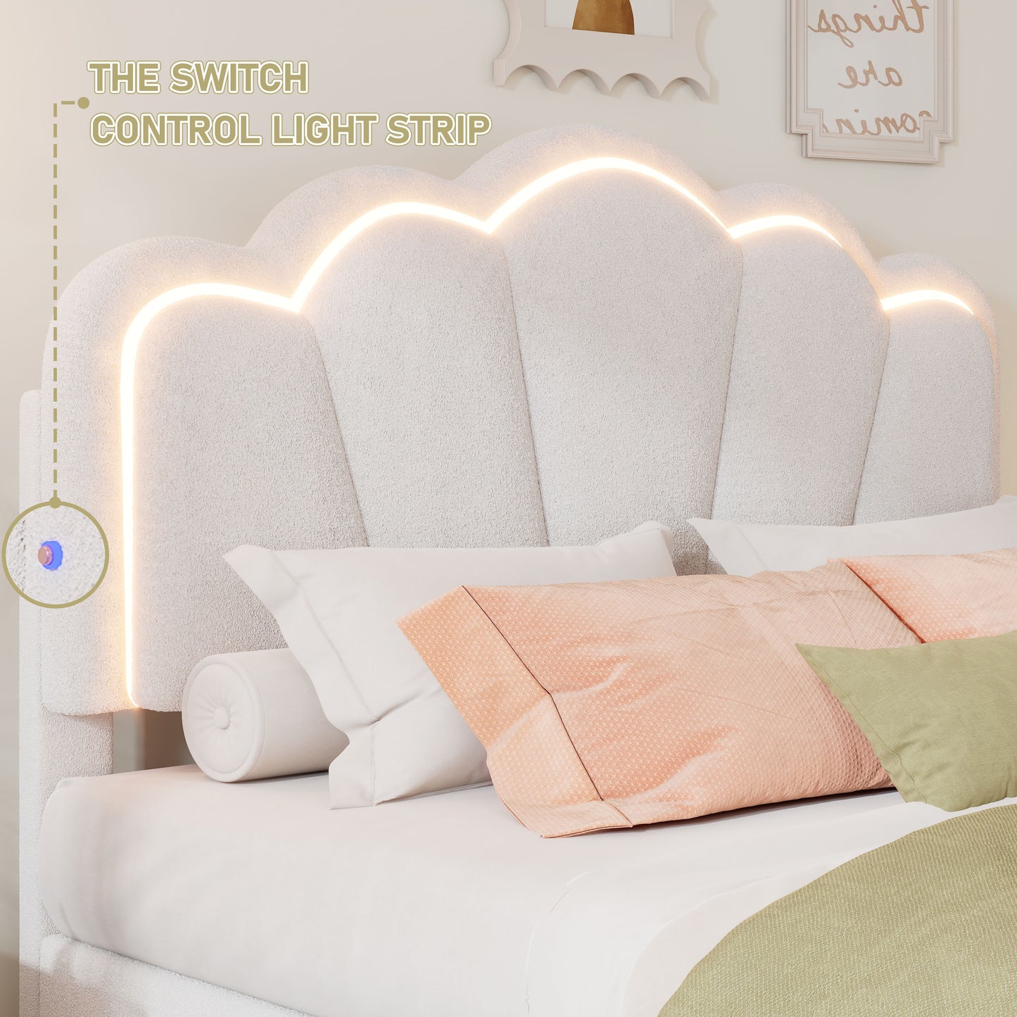 Twin Size Upholstered Flower-Shape Bed, Elegant Flowers Headboard With LED Light Strip, Sherpa Fabric Platform Bed With Slats Support - White