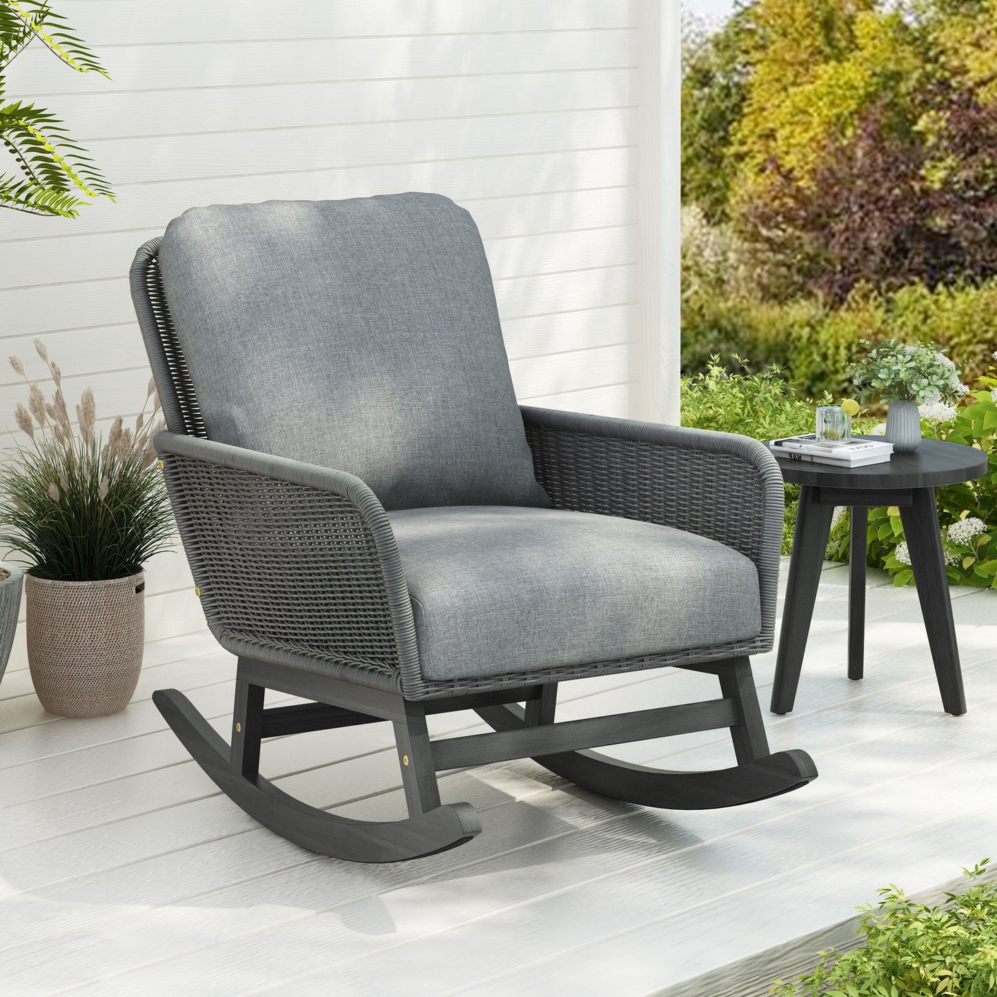 Contemporary Minimalist Wicker Rocking Chair With Soft Polyester Cushions And Durable Wooden Frame - Gray