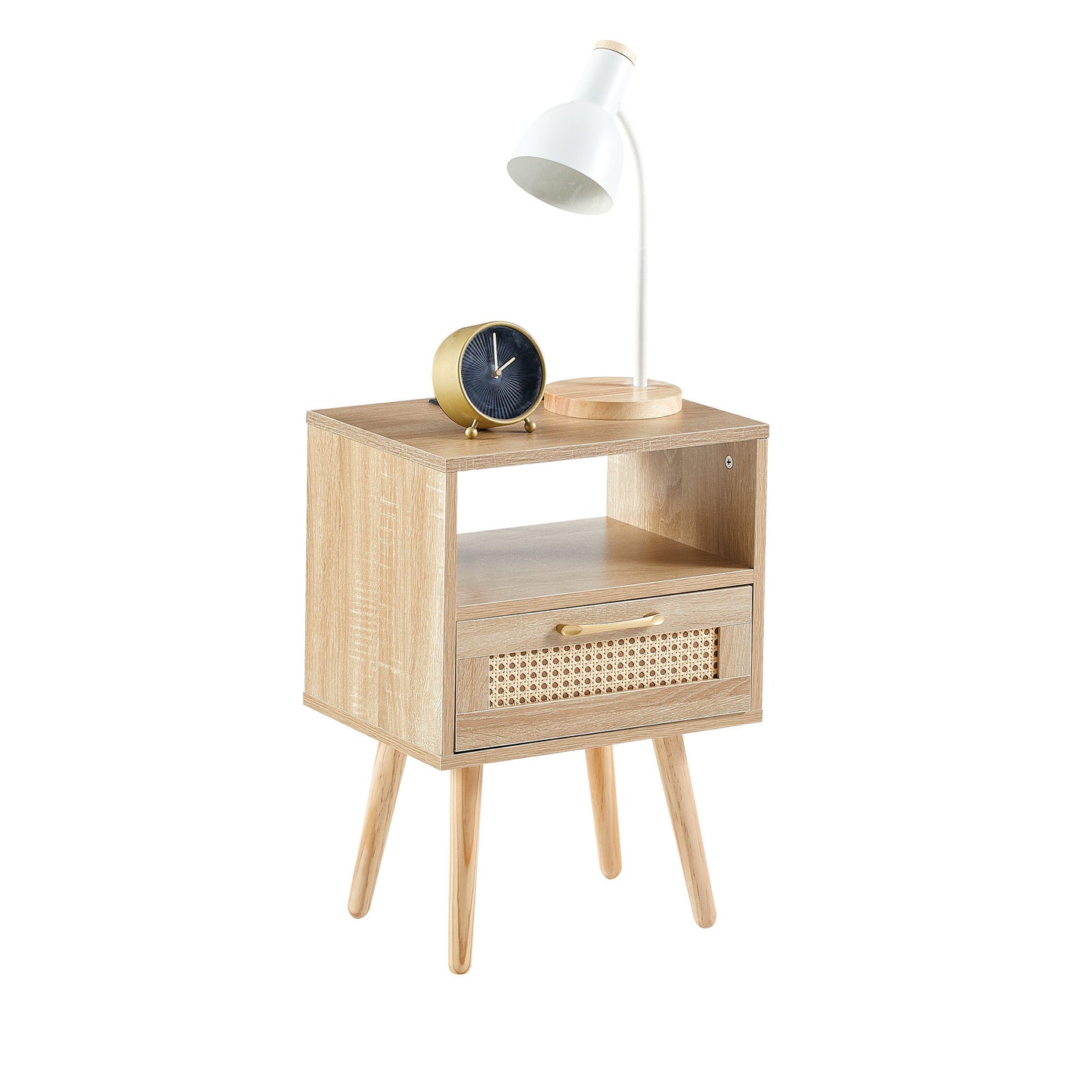 15.75" Rattan End Table With Power Outlet & USB Ports, Modern Nightstand With Drawer And Solid Wood Legs, Side Table For Living Room, Bedroom - Natural