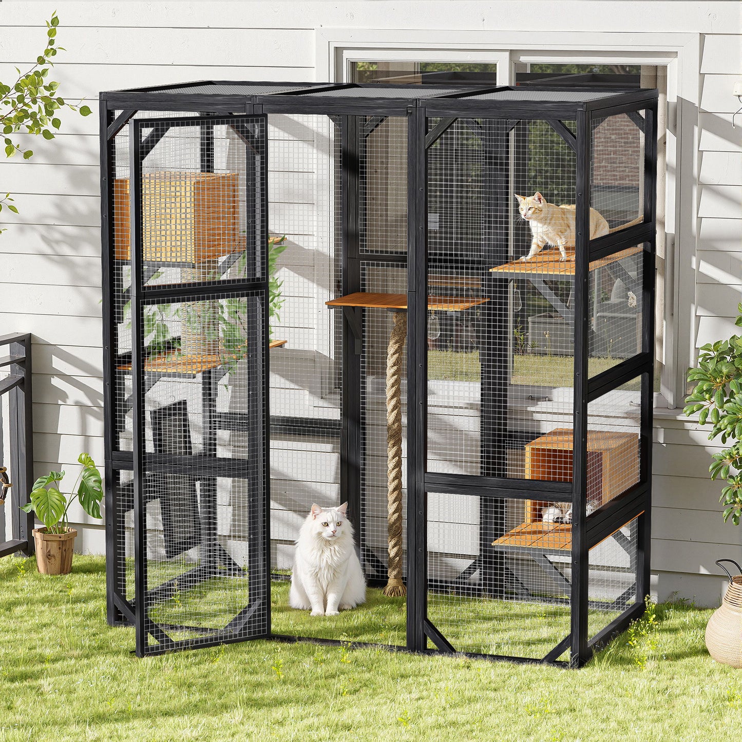 Outdoor Cat House, Diy Cat Enclosure With Double Enter Doors - Black Brown