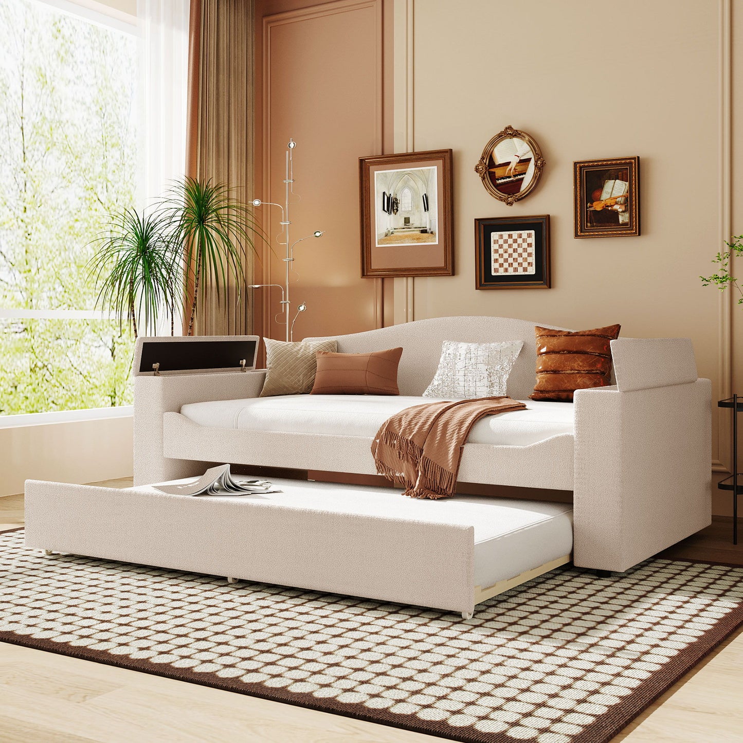 Twin Size Upholstered Daybed With Storage Armrests, Trundle And Latest Integrated Bluetooth Audio System - Beige