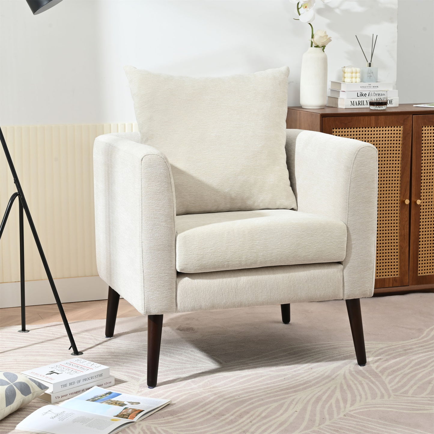 Modern Chenille Accent Chair, Upholstered Armchair For Living Room, Mid Century Fabric Lounge Chair With Pillow, Comfortable Reading Chair With Wood Legs For Living Room, Reception Room - Beige