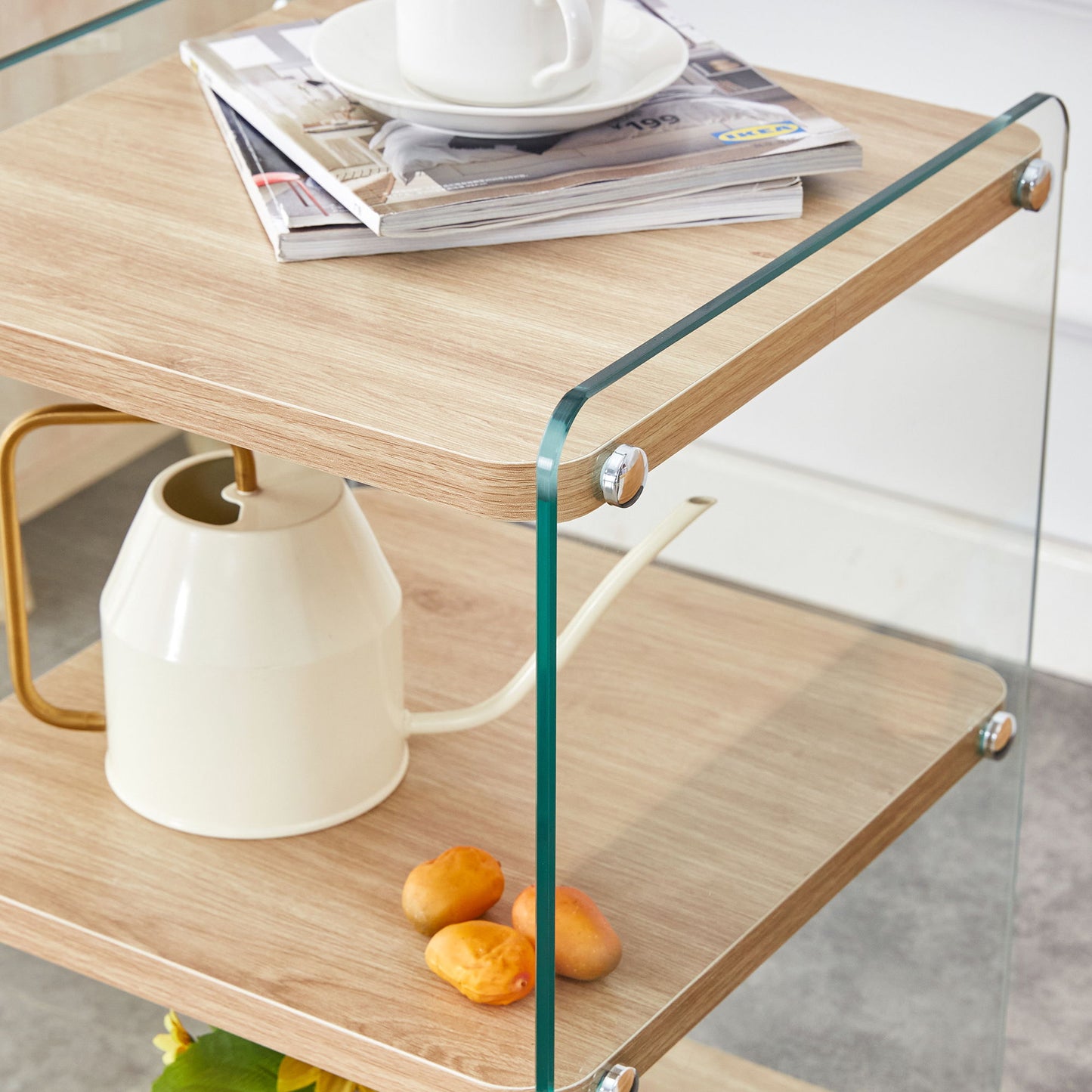 Modern 3 Layer Bedside Cabinet With Storage Function In Wood And Tempered Glass - Wood