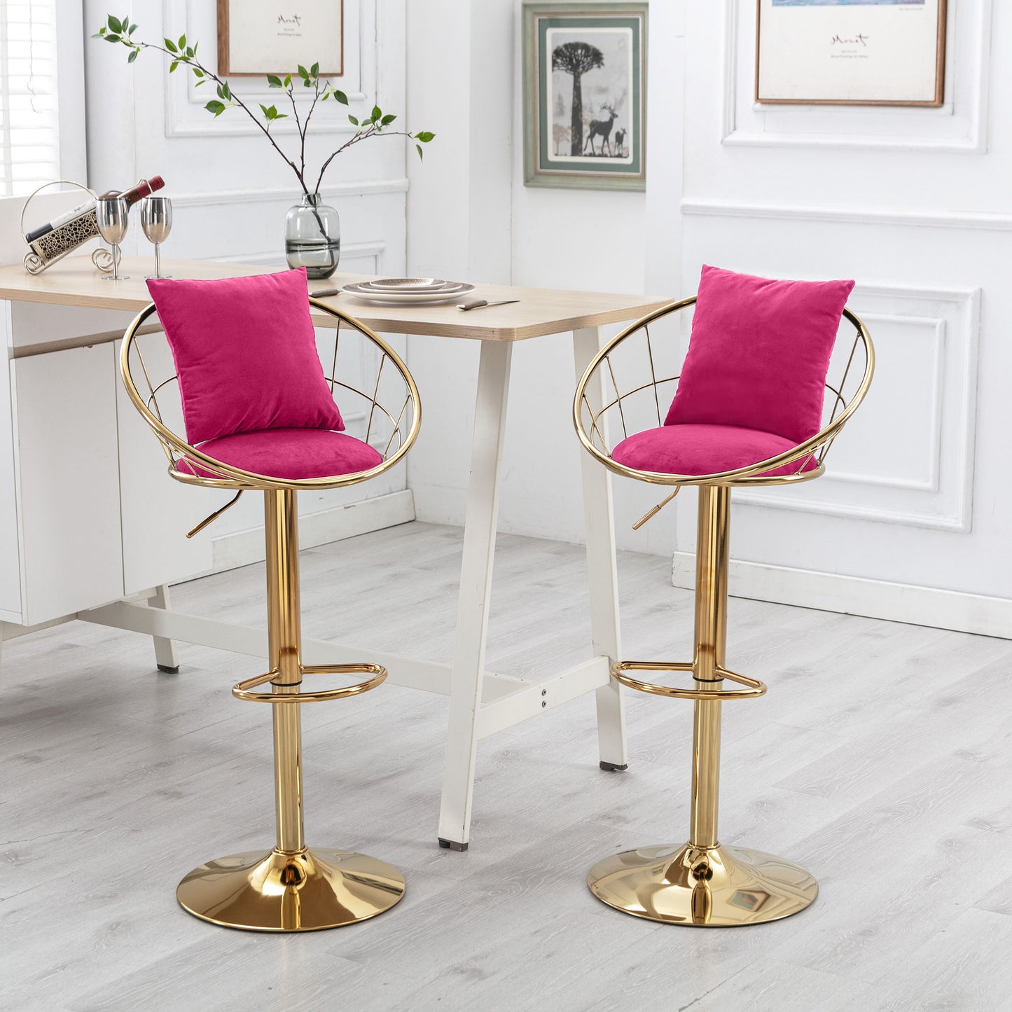 Velvet Bar Chair, Pure Gold Plated, Unique Design, 360 Degree Rotation, Adjustable Height, Suitable For Dining Room And Bar, (Set of 2) - Rose Red