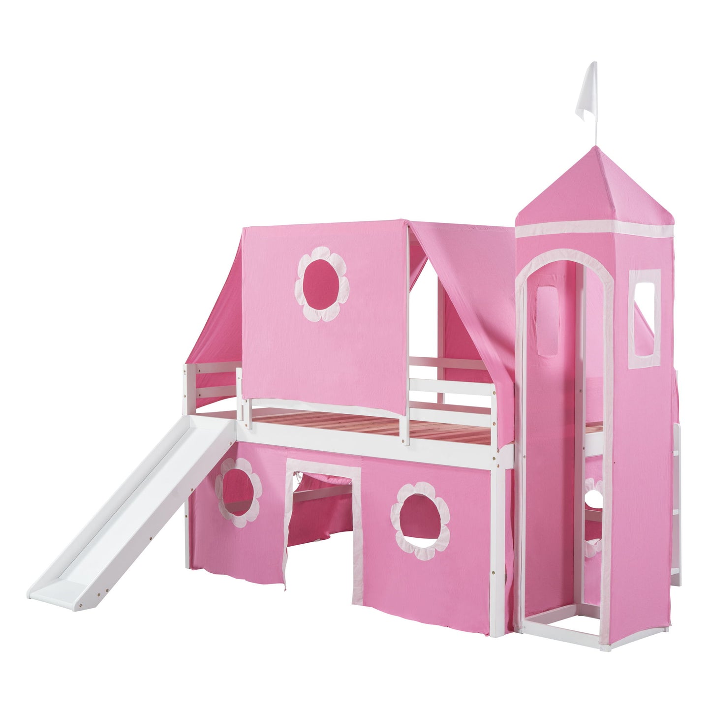 Full Size Loft Bed With Slide And Tent Tower Space Saving Fun Design For Kids - Pink