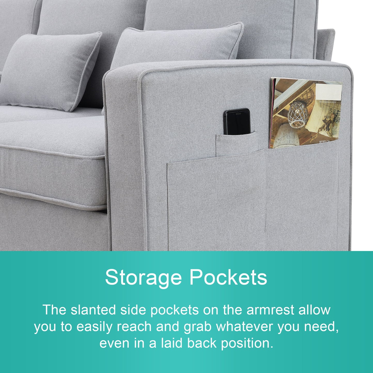 4 Seater Modern Linen Sofa With Armrest Pockets And 4 Pillows, Minimalist Style Couch - Light Gray