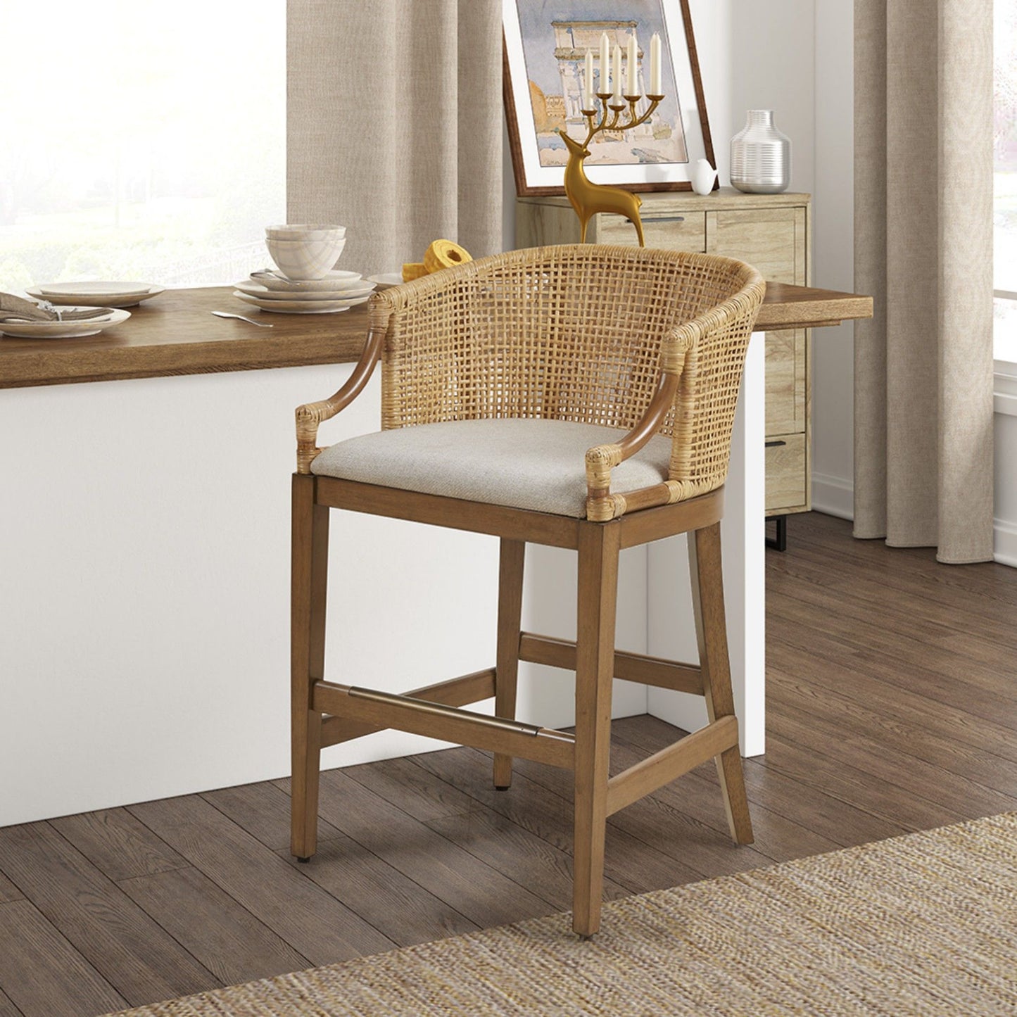 Handcrafted Rattan Counter Stool With Cushioned Seat - Natural