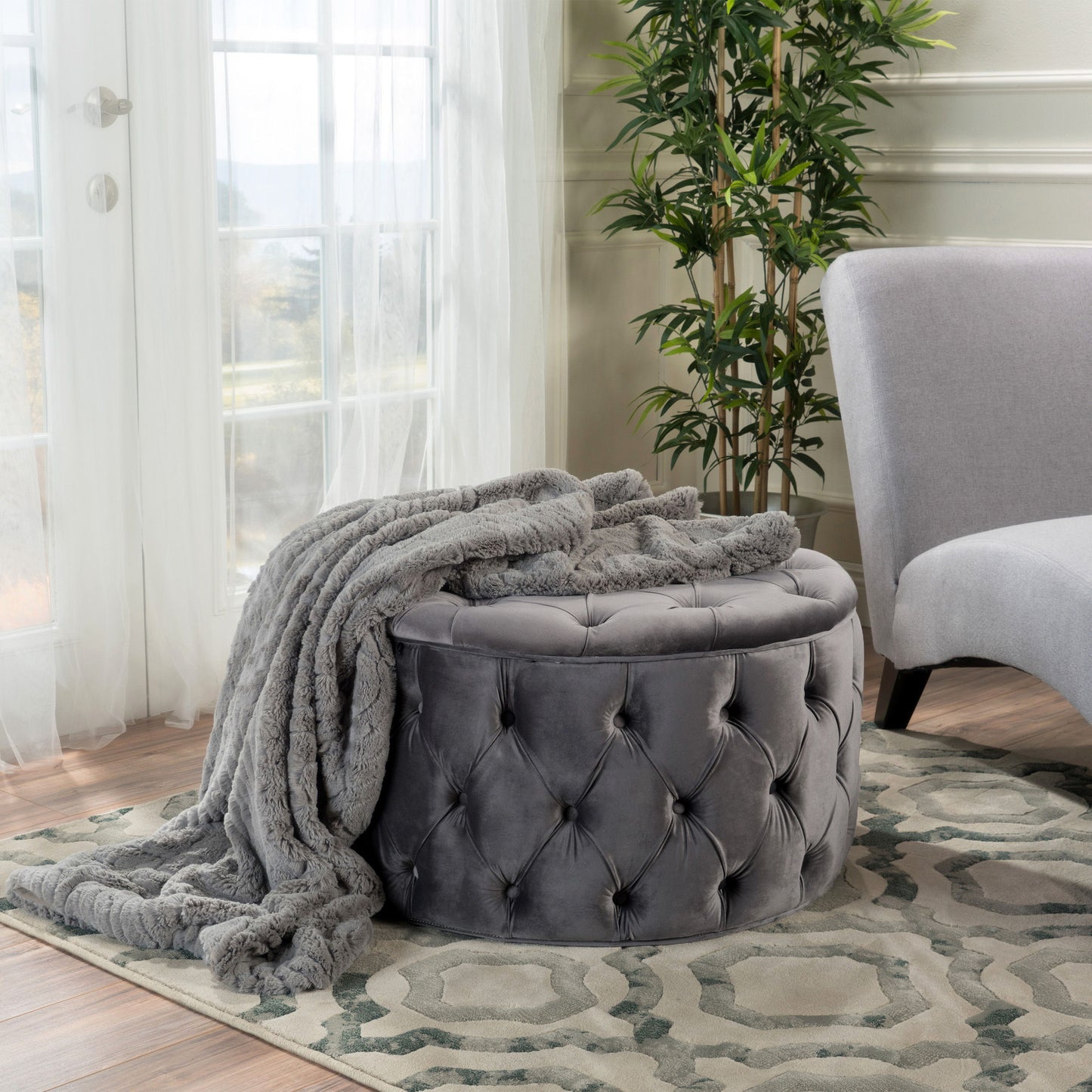 Modern Velvet Ottoman Footstool With Plush Cushioning - Gray