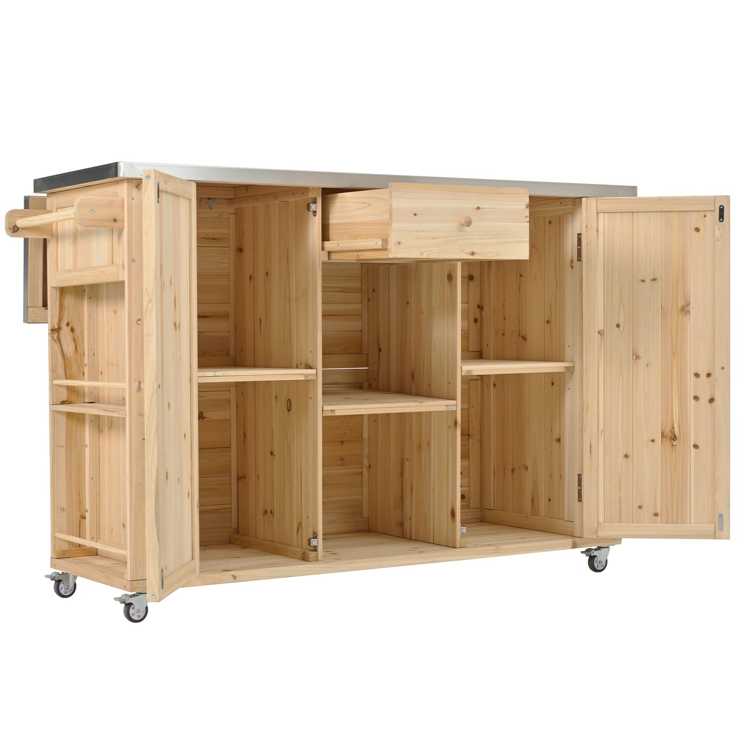 Outdoor Kitchen Island Fir Wood Kitchen Island With Stainless Steel Top, Ample Storage Space, Towel And Spice Racks And A Bottle Opener For Outdoor - Natural