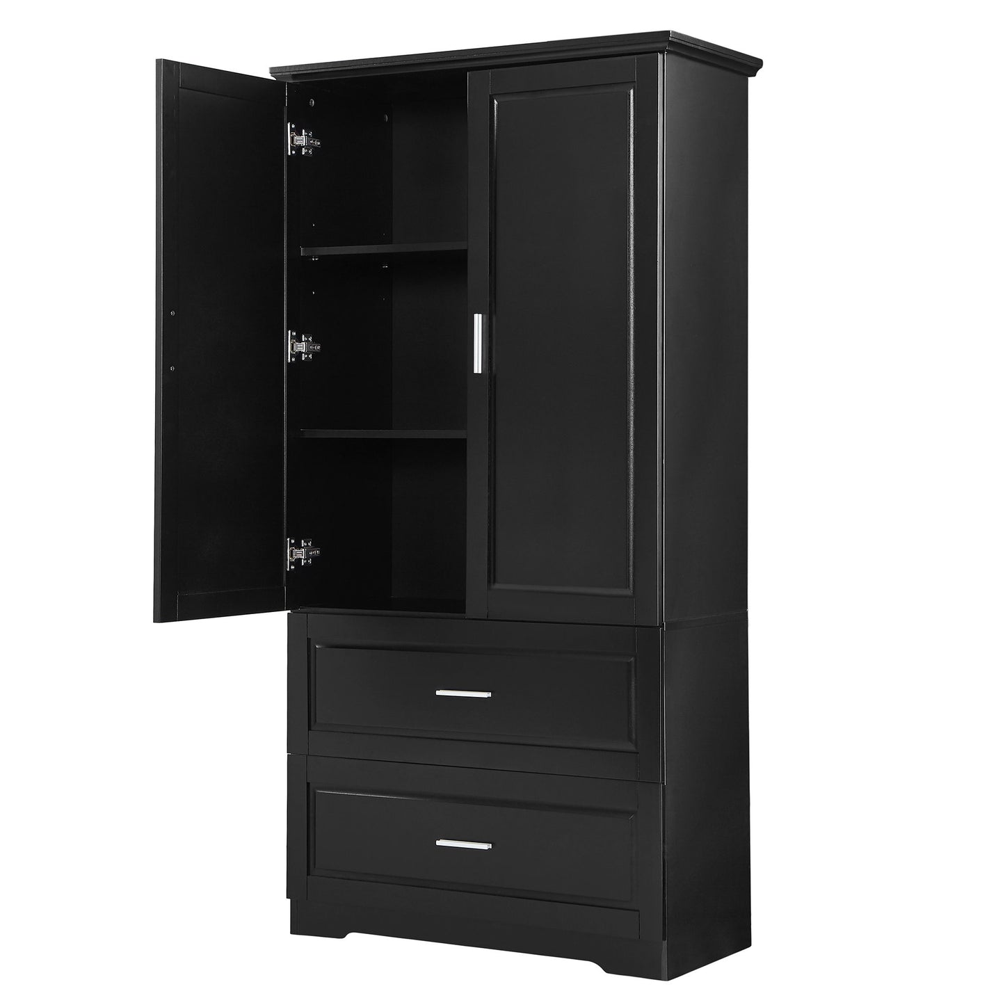 Tall Bathroom Storage Cabinet, Cabinet With 2 Doors And Drawers, Adjustable Shelf - Black
