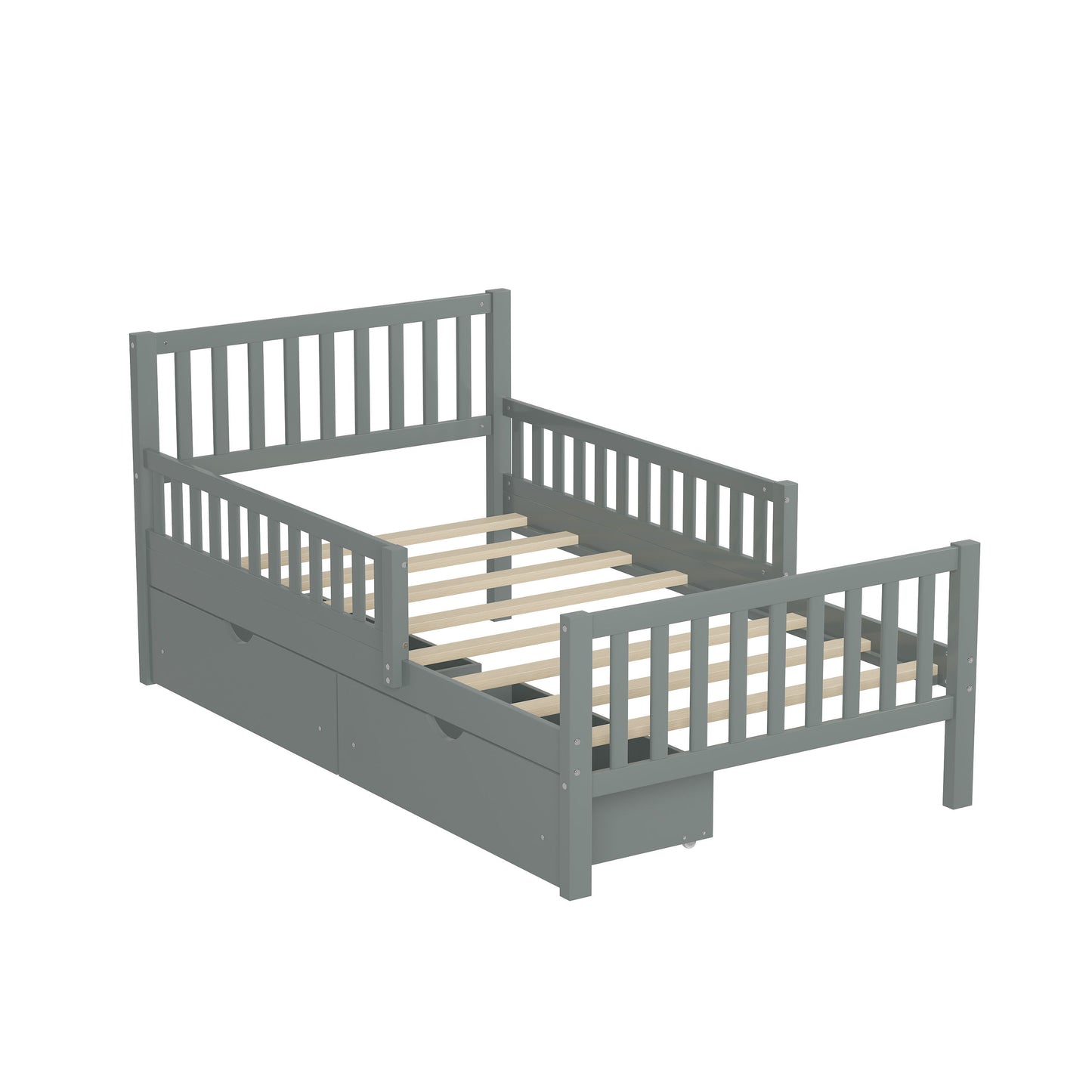 Twin Size Platform Bed With Guardrails On Both Sides And 2 Storage Drawers - Gray
